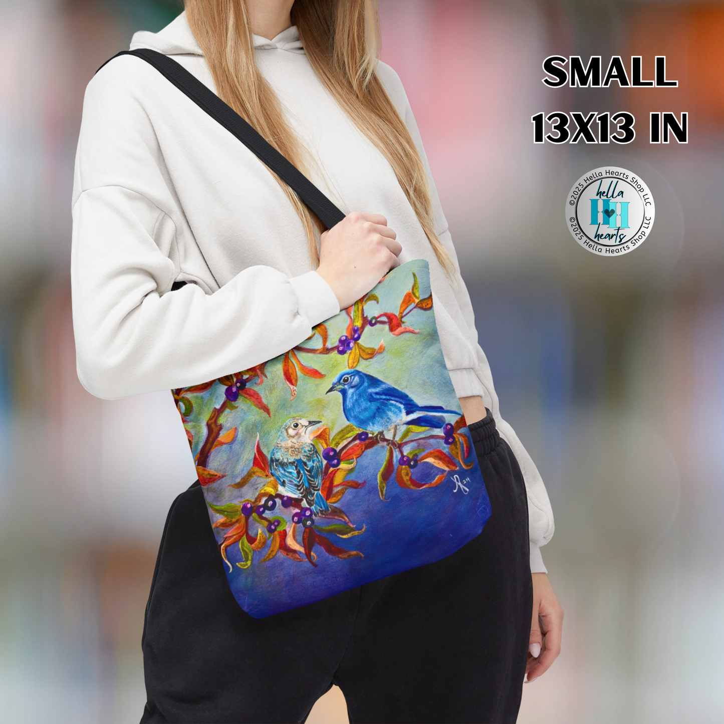 Bluebirds Tote Bag - Original Art, Bluebirds and Huckleberries from Mama Mosaic Artworks