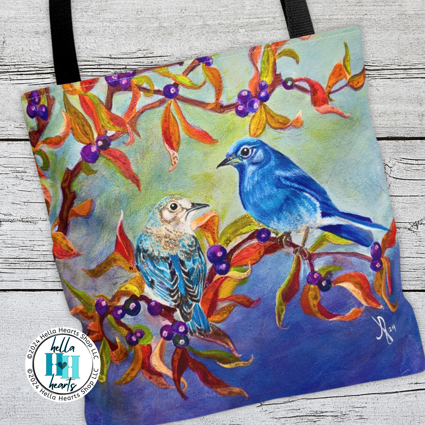 Blue Birds Tote Bag - Original Art, Blue Birds and Huckleberries from Mama Mosaic Artworks