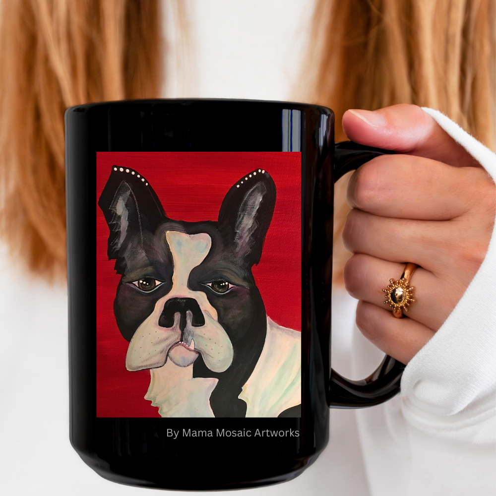 Bulldog On Red from Mama Mosaic Artworks - 15 oz Black Glossy Ceramic Mug