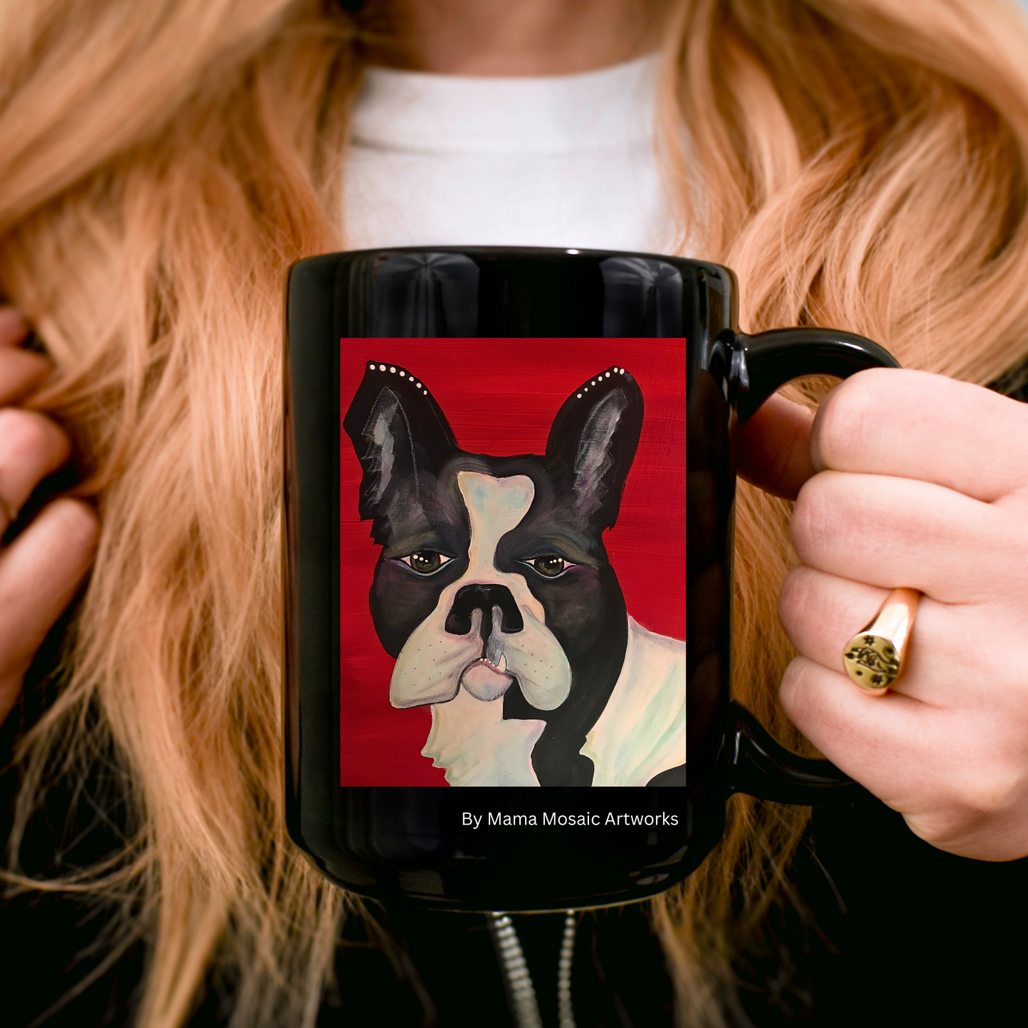 Bulldog On Red from Mama Mosaic Artworks - 15 oz Black Glossy Ceramic Mug