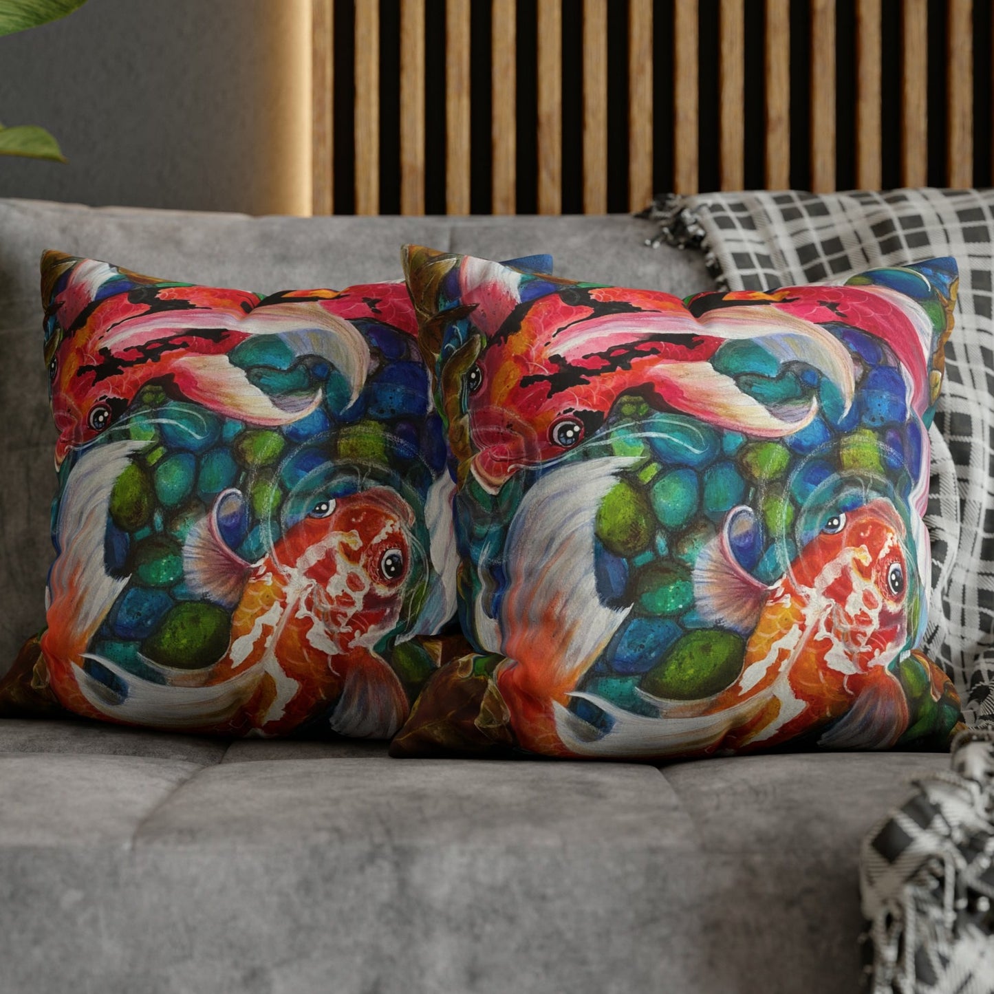 Koi Throw Pillow Cover - Faux Suede - 2 Sizes - Koi Pond from Mama Mosaic Artworks