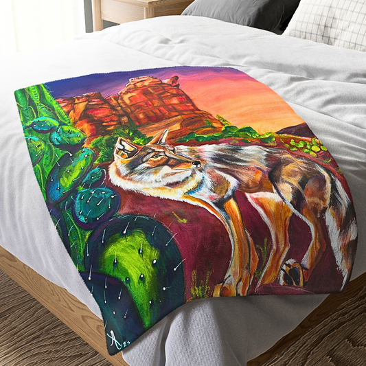 Sedona Coyote Blanket - Velveteen Plush Throw - Coyote at Coffee Pot Rock from Mama Mosaic Artworks