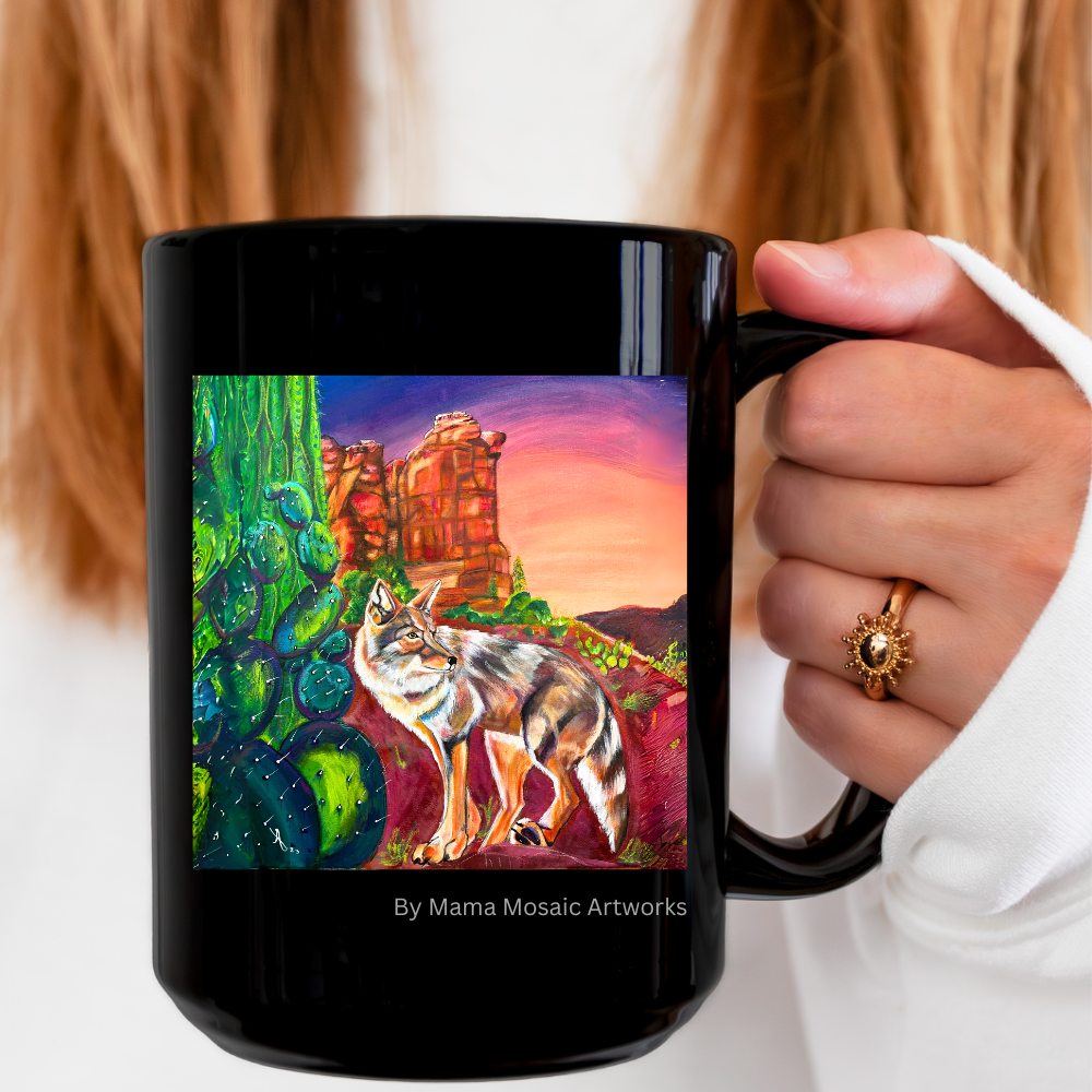 Sedona Coyote Mug - 15oz Glossy Ceramic - Coyote at Coffee Pot Rock from Mama Mosaic Artworks