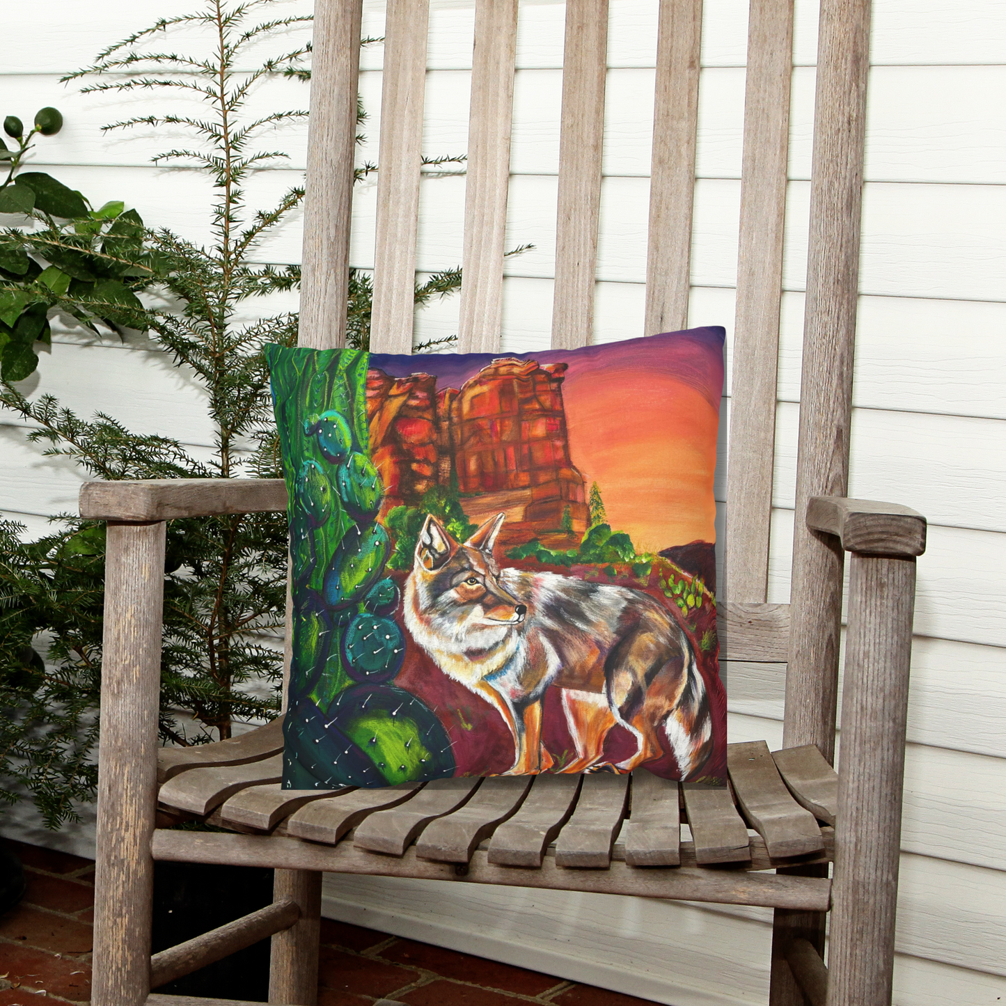 Sedona Coyote Throw Pillow Cover - Faux Suede - 3 Sizes - Coyote at Coffee Pot Rock from Mama Mosaic Artworks
