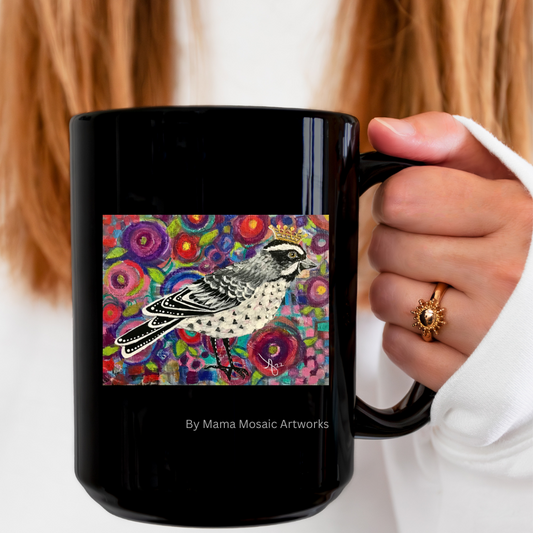 Crowned Sparrow from Mama Mosaic Artworks - 15 oz Black Glossy Ceramic Mug