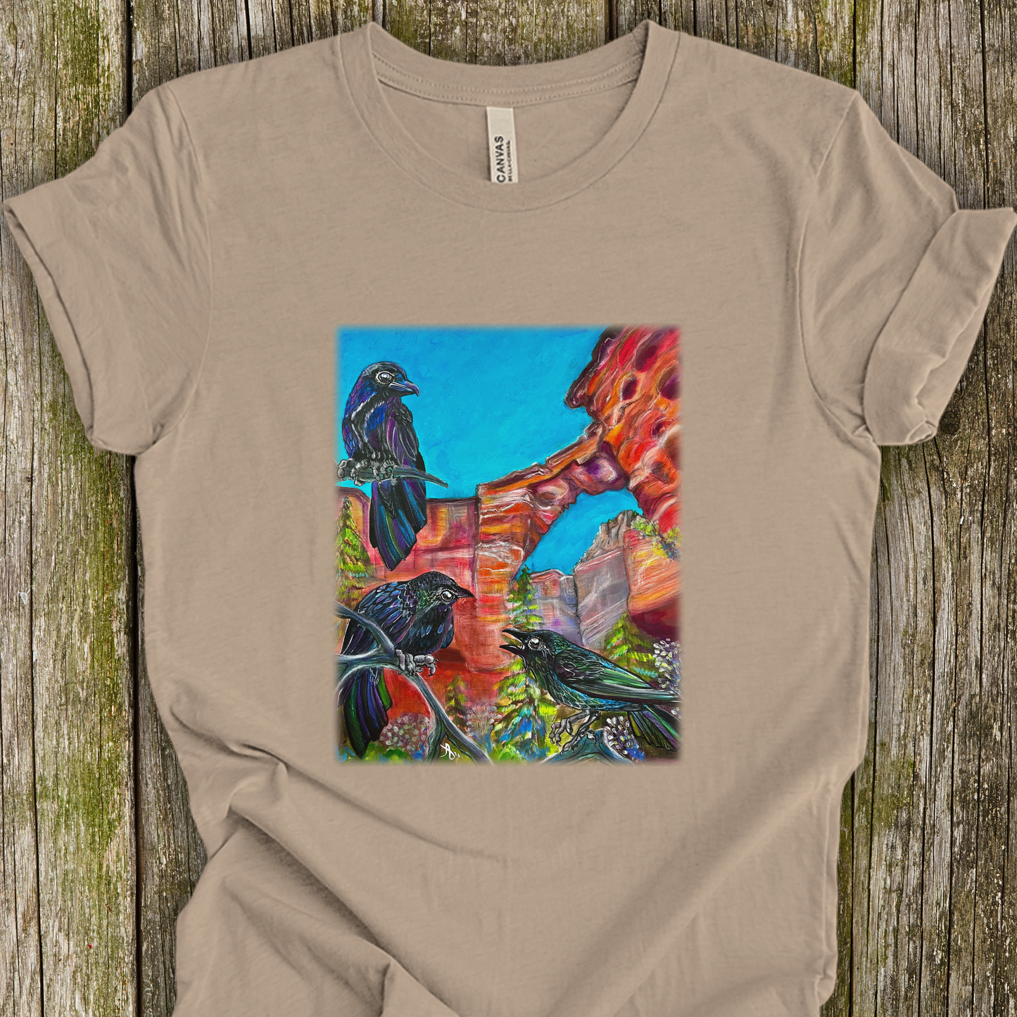 Sedona Devil's Bridge Unisex TShirt - Three Crows at Devil's Bridge from Mama Mosaic Artworks