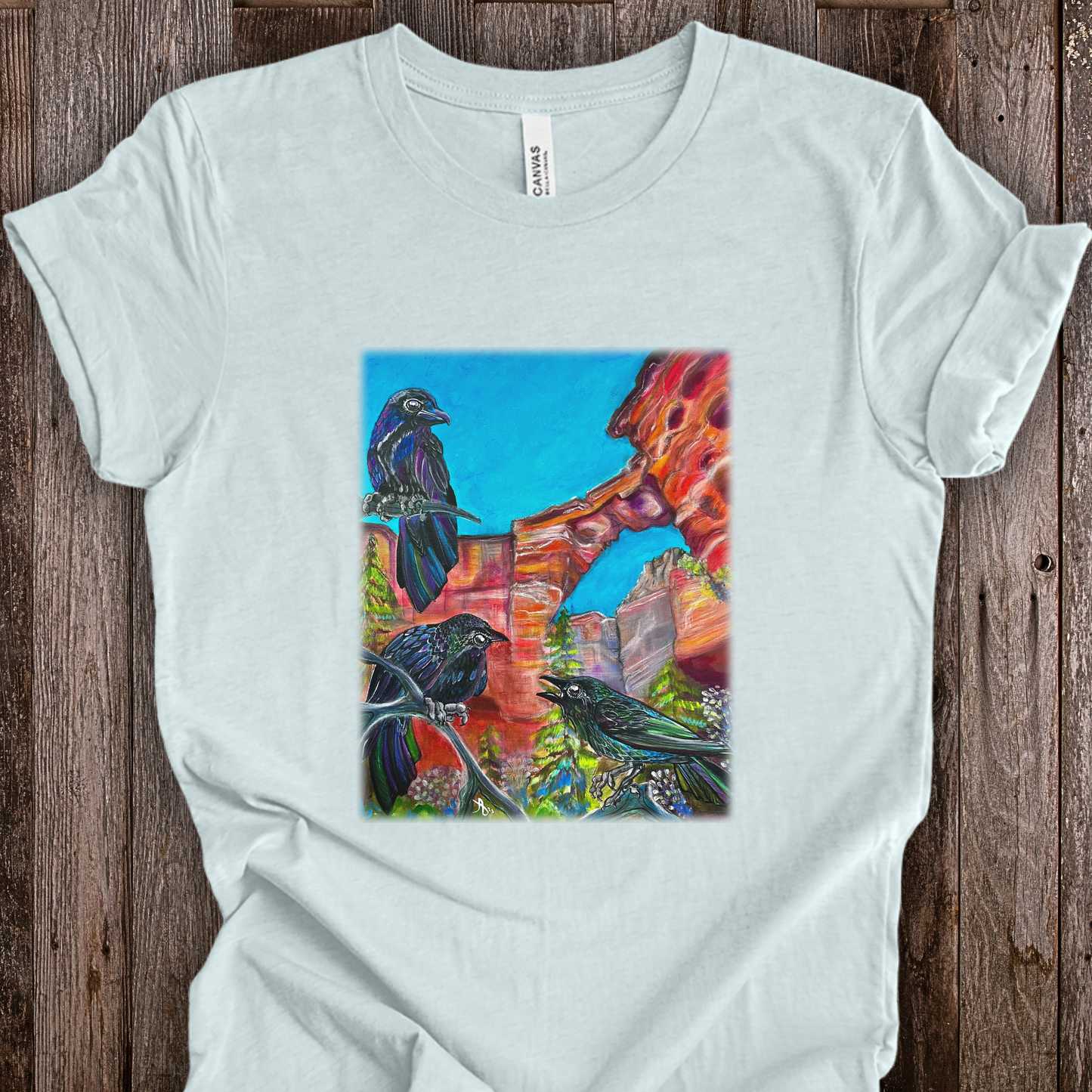 Sedona Devil's Bridge Unisex TShirt - Three Crows at Devil's Bridge from Mama Mosaic Artworks