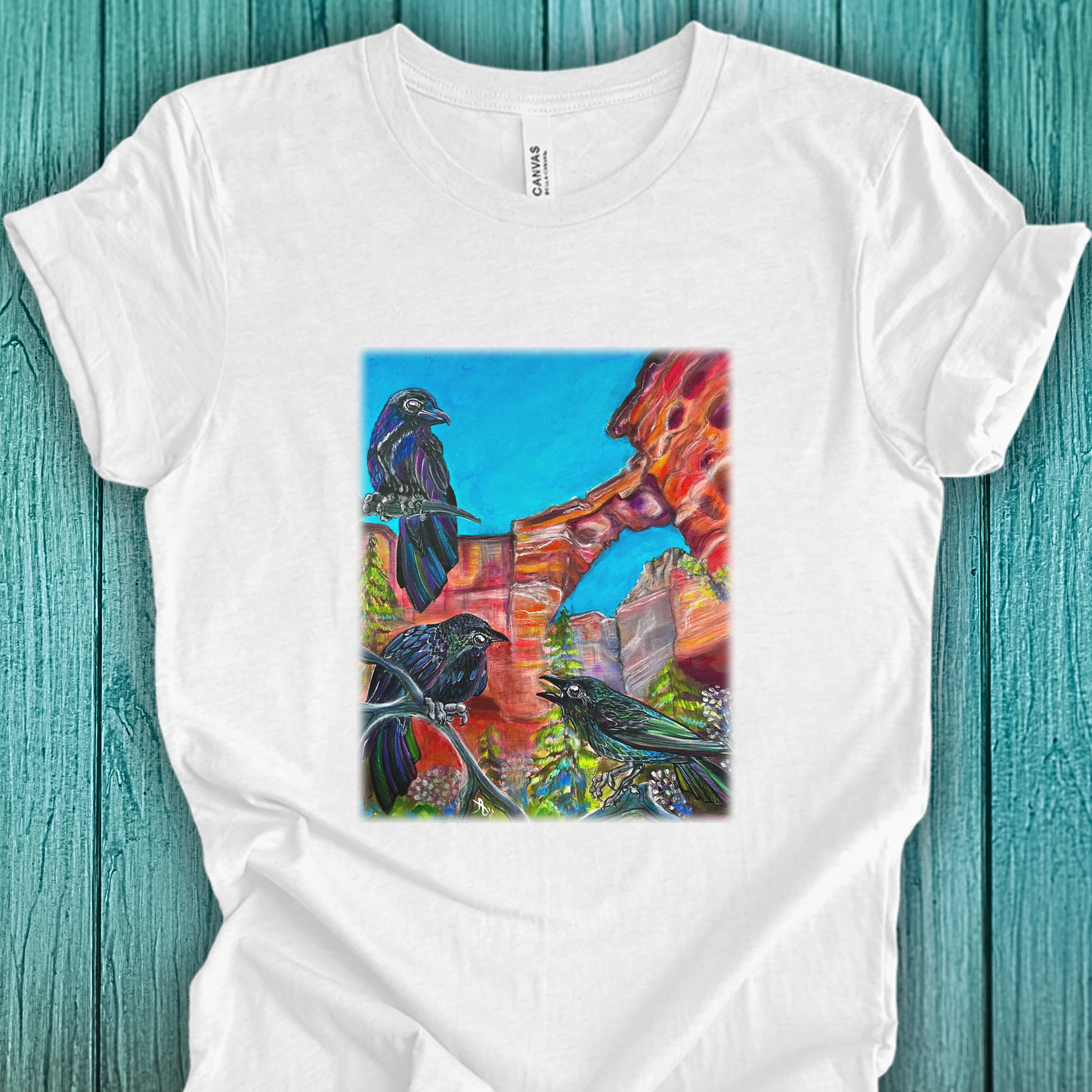 Sedona Devil's Bridge Unisex TShirt - Three Crows at Devil's Bridge from Mama Mosaic Artworks
