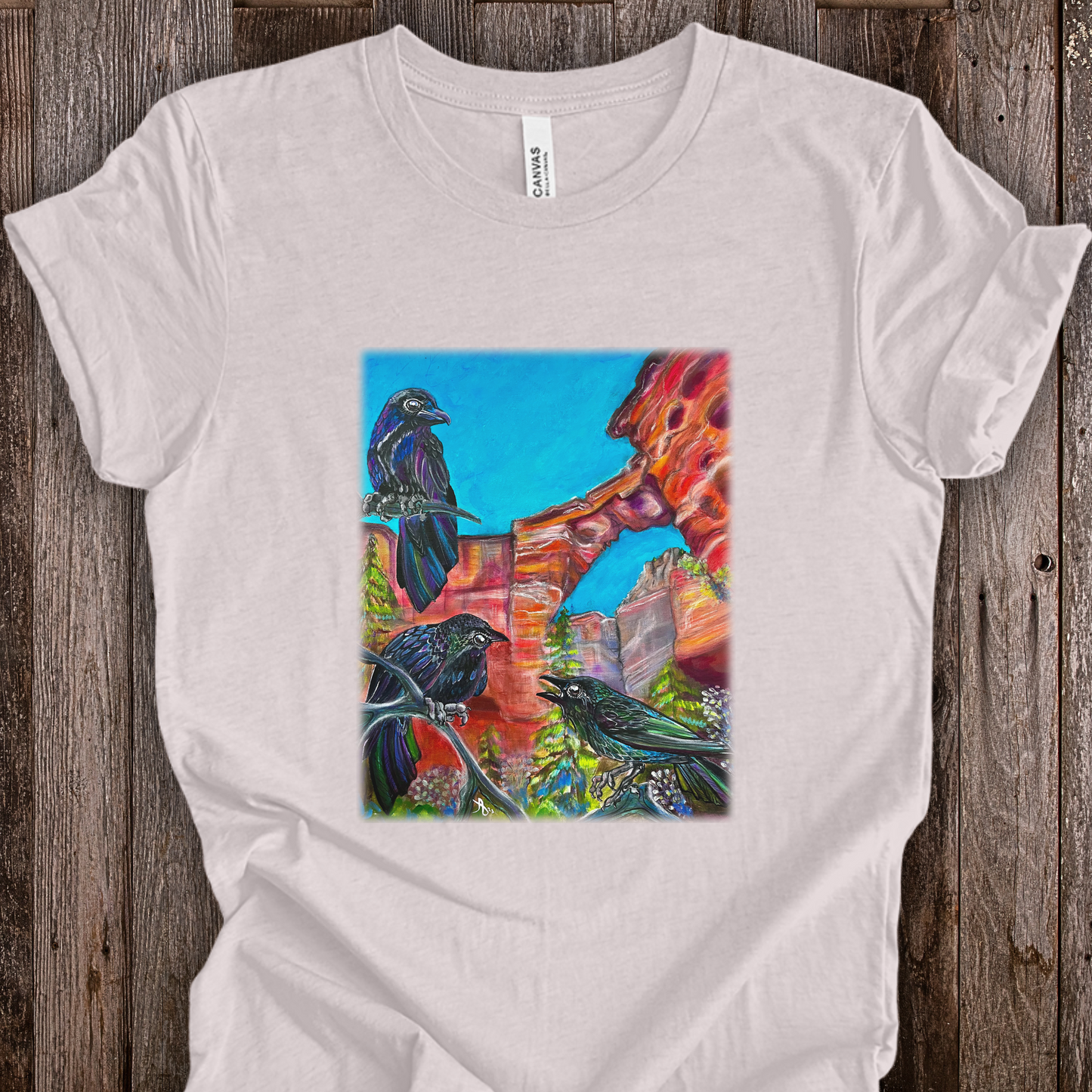 Sedona Devil's Bridge Unisex TShirt - Three Crows at Devil's Bridge from Mama Mosaic Artworks