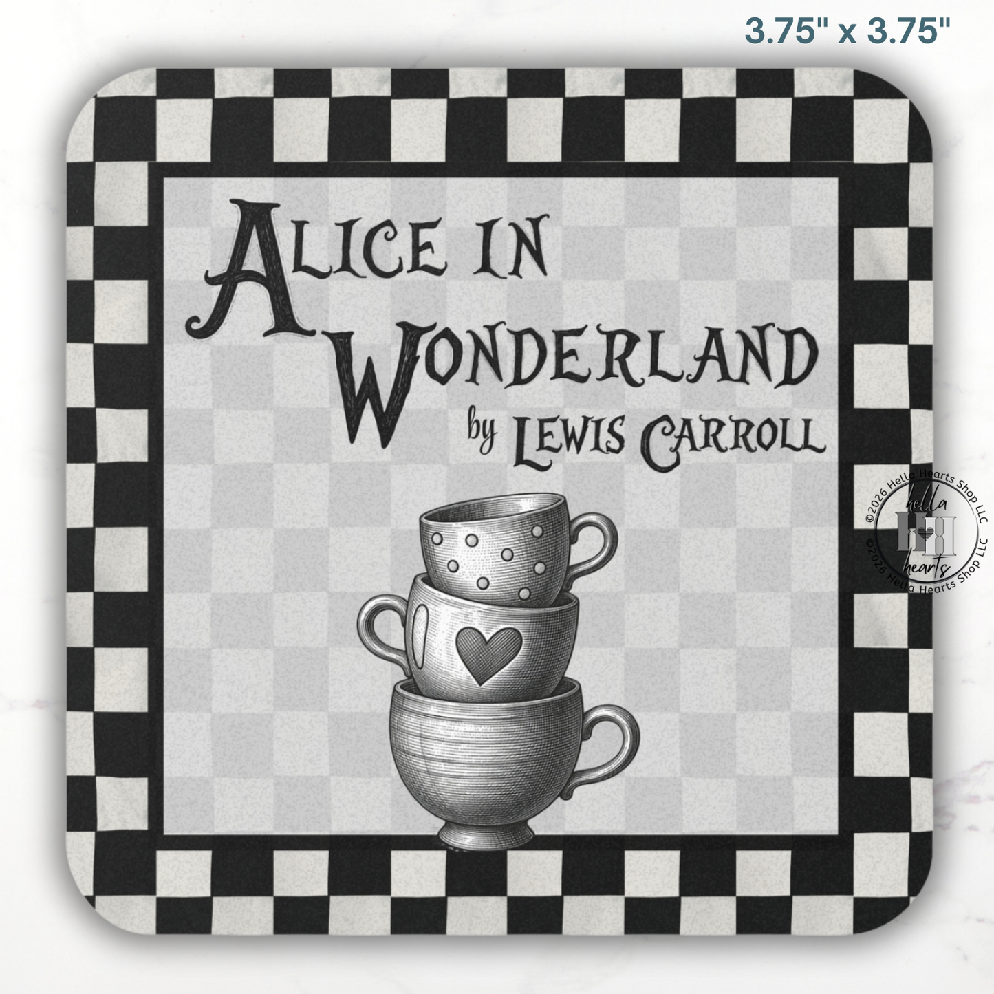 Chessboard BW Alice in Wonderland Coasters,  Bookish Gift, Classic Lit, Cork Back