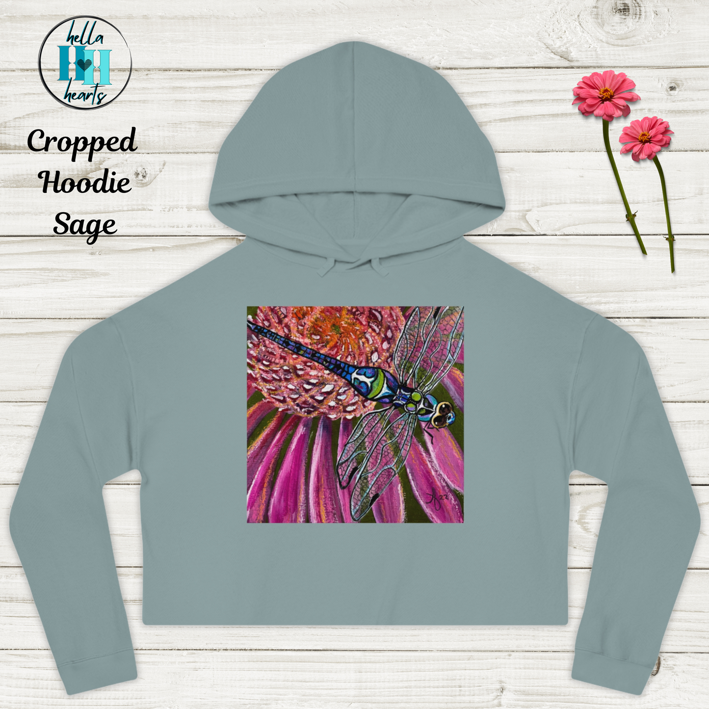 Dragonfly Cropped Hooded Sweatshirt - Garden Jewel from Mama Mosaic Artworks