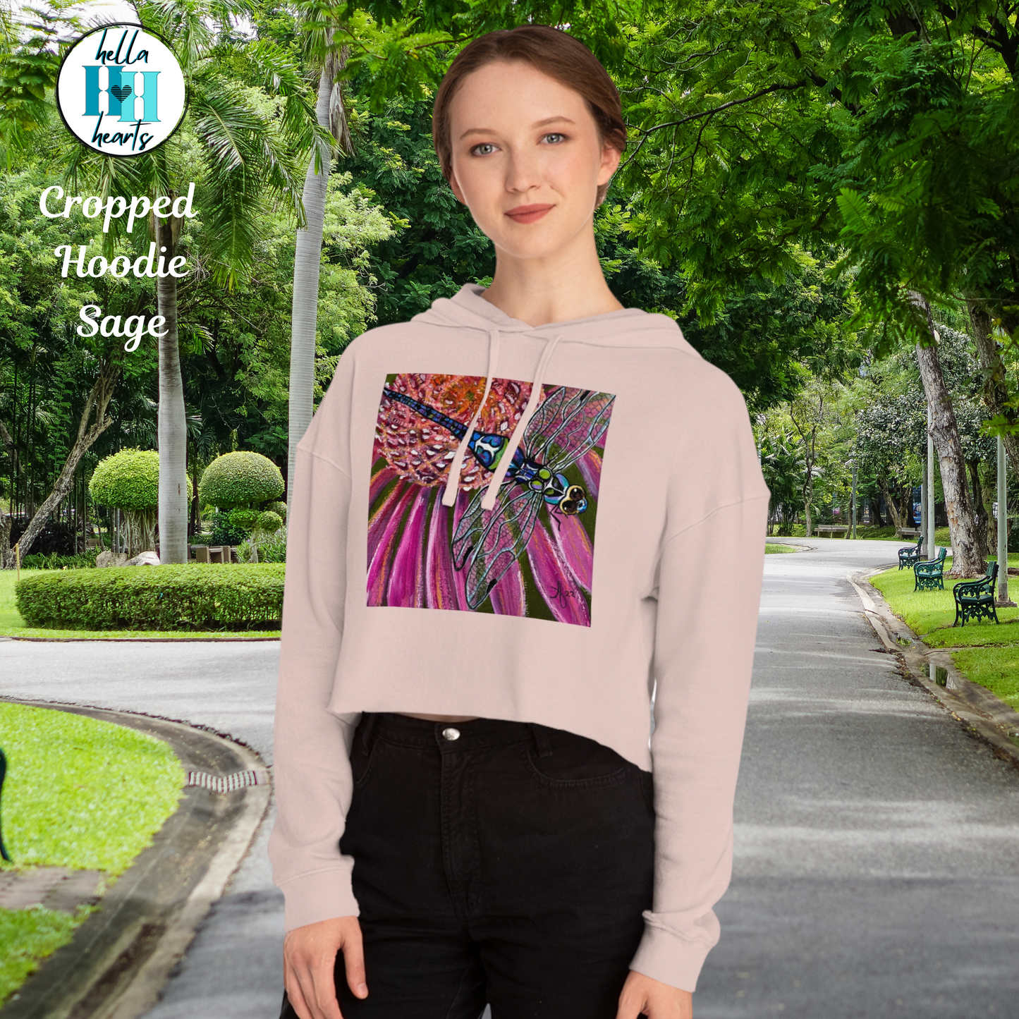 Dragonfly Cropped Hooded Sweatshirt - Garden Jewel from Mama Mosaic Artworks