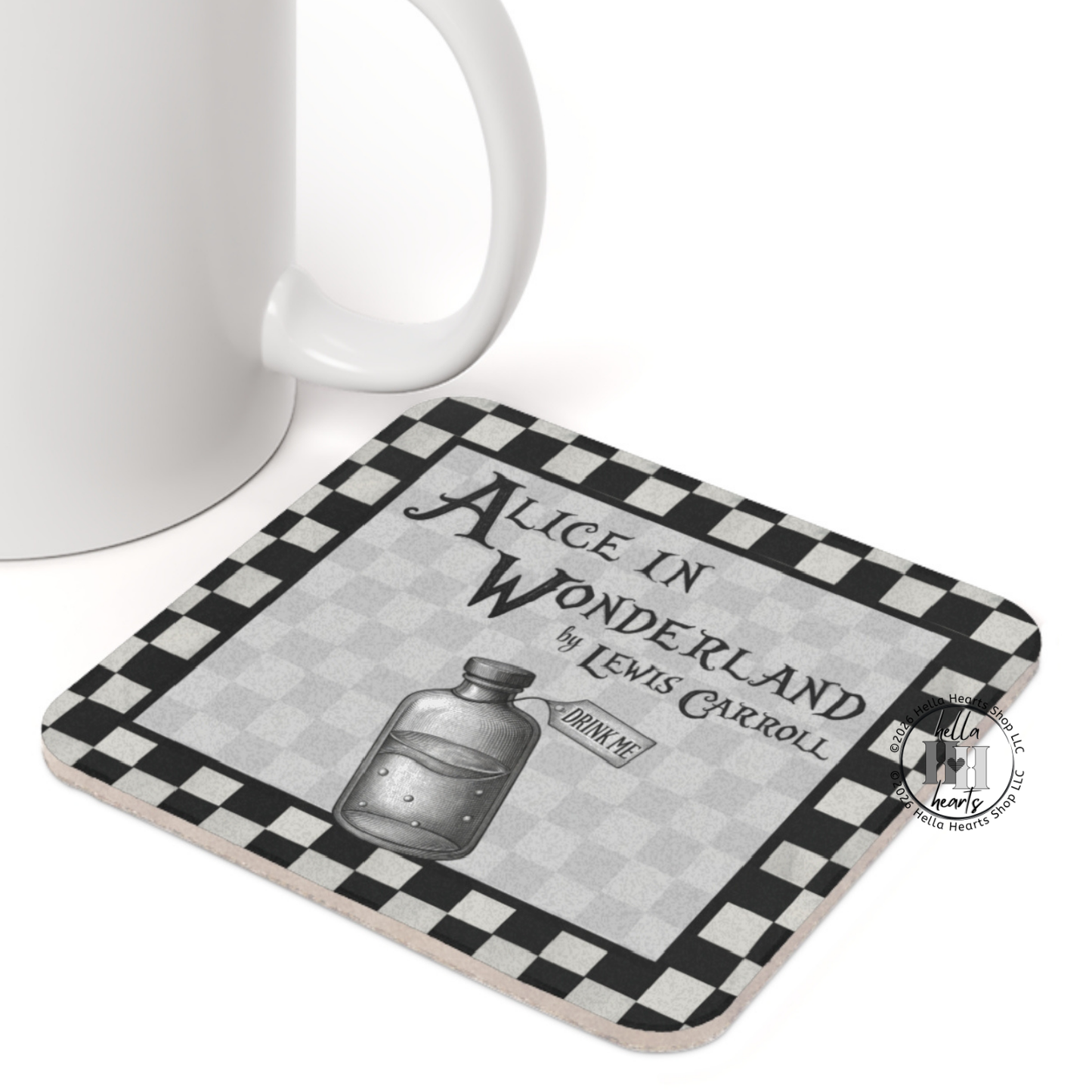 Chessboard BW Alice in Wonderland Coasters,  Bookish Gift, Classic Lit, Cork Back