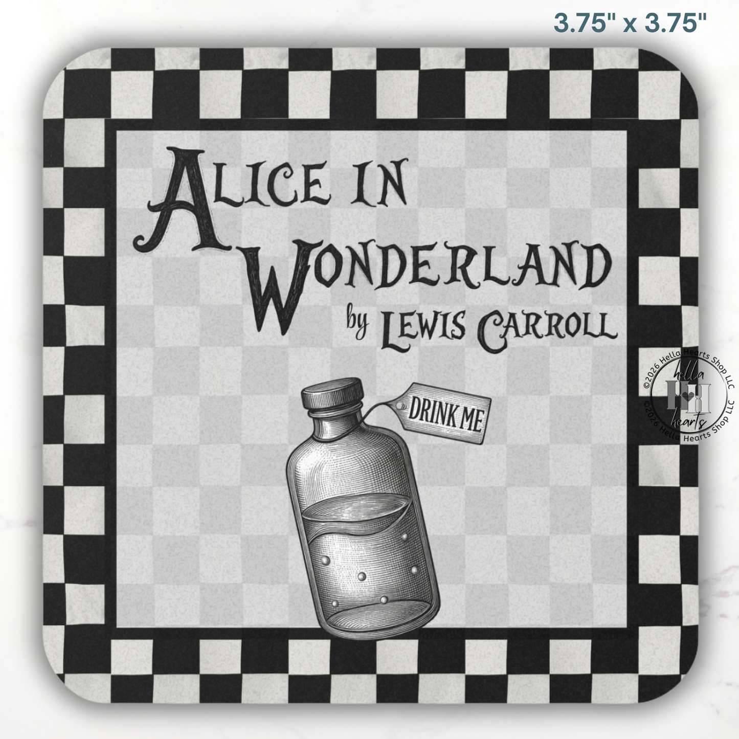 Chessboard BW Alice in Wonderland Coasters,  Bookish Gift, Classic Lit, Cork Back