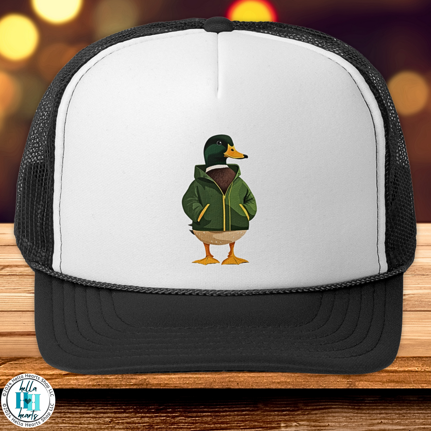 Duck Trucker Hat - Mallard Duck in Green and Yellow Rain Slicker