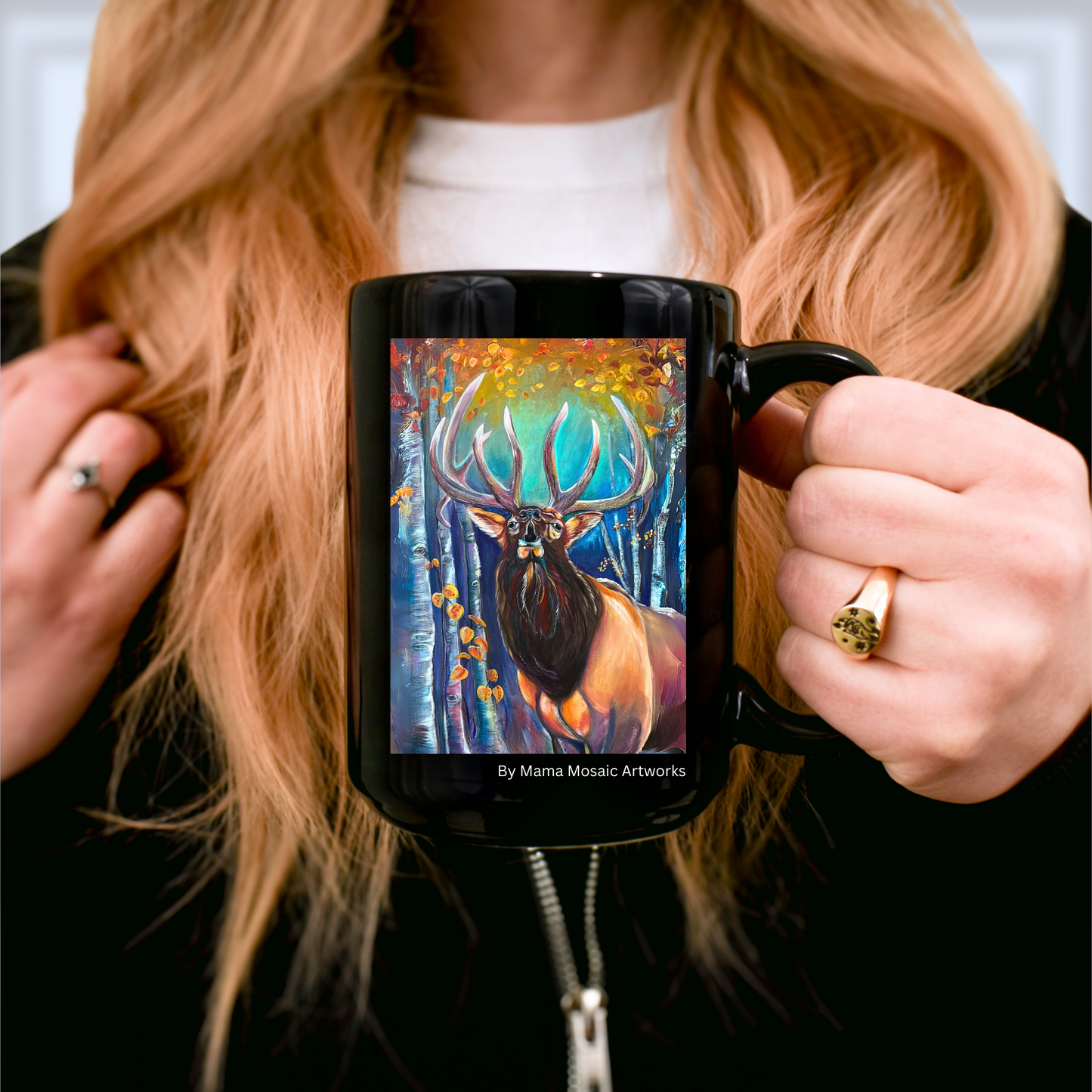 Wapiti Elk Mug - 15oz Glossy Ceramic - Song of Autumn Elk from Mama Mosaic Artworks