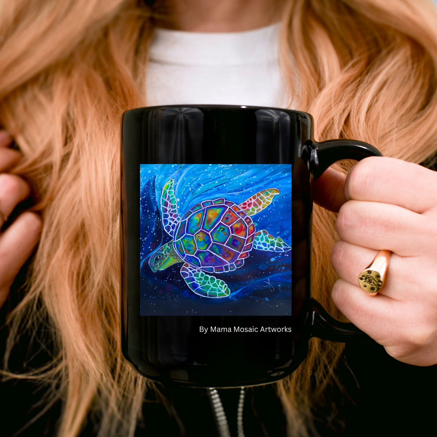 Sea Turtle Mug - Flying Turtle from Mama Mosaic Artworks - 15 oz Black Glossy Ceramic