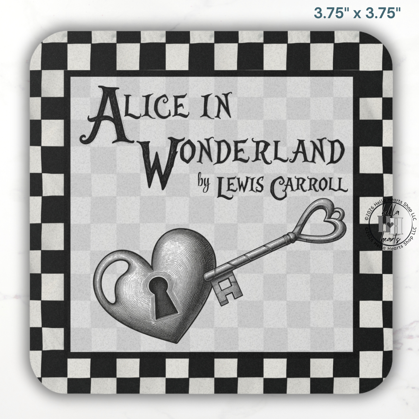 Chessboard BW Alice in Wonderland Coasters,  Bookish Gift, Classic Lit, Cork Back