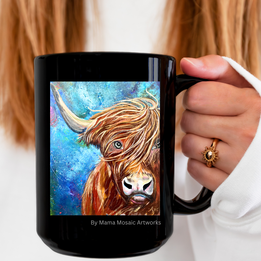 Highland Cow Mug - 15oz Glossy Ceramic - Highland Bull I Won't Back Down from Mama Mosaic Artworks