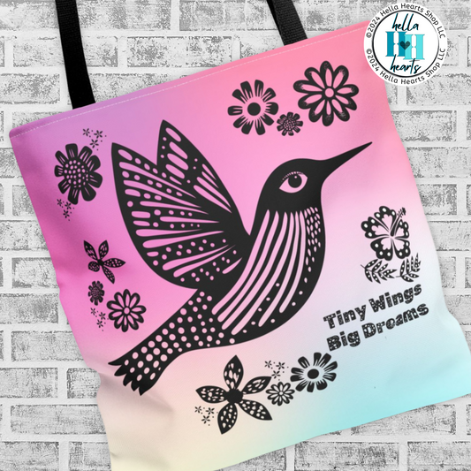 Hummingbird Tote Bag - Tiny Wings Big Dreams Book Bag - Water Resistant Tote - 3 Sizes