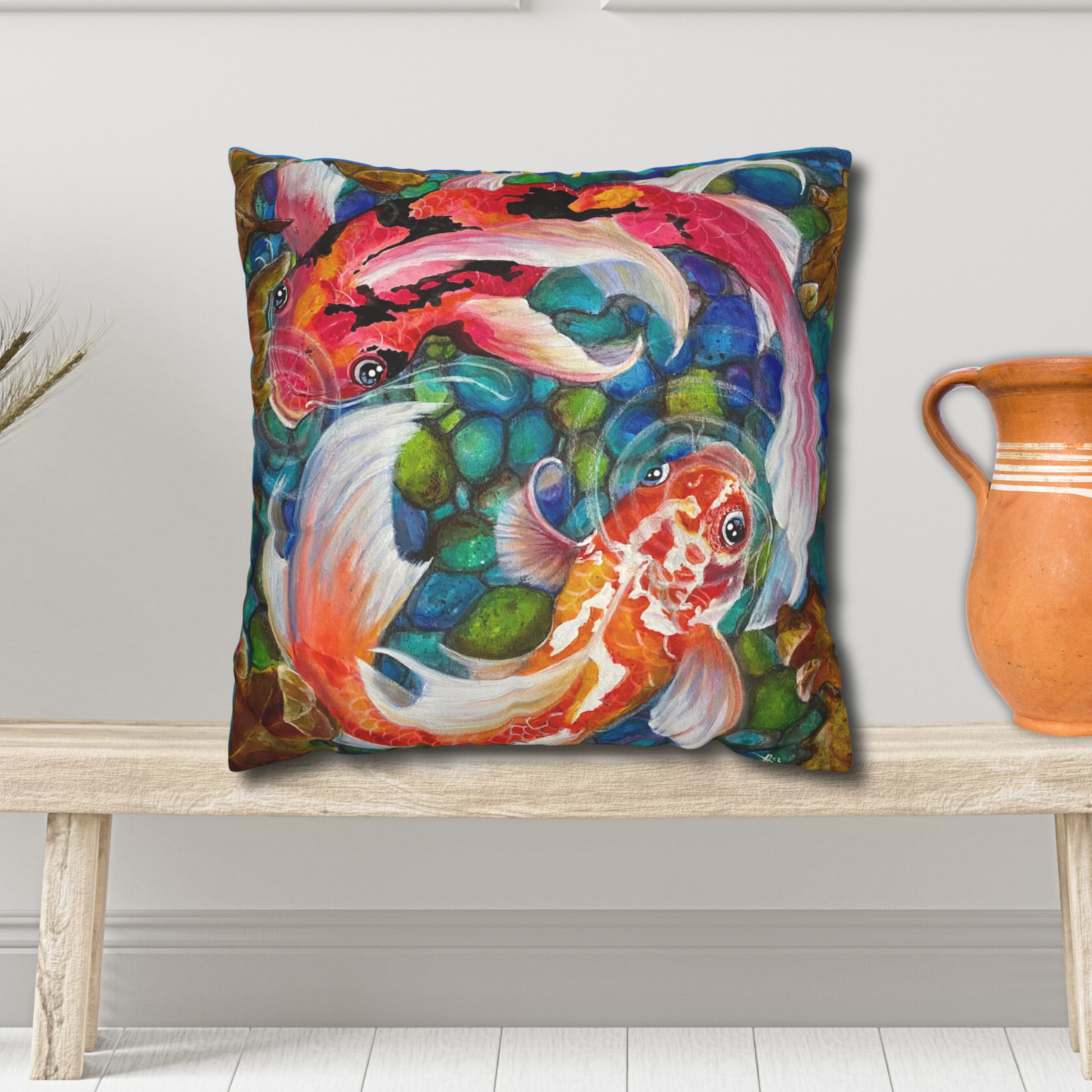 Koi Throw Pillow Cover - Faux Suede - 3 Sizes - Koi Pond from Mama Mosaic Artworks