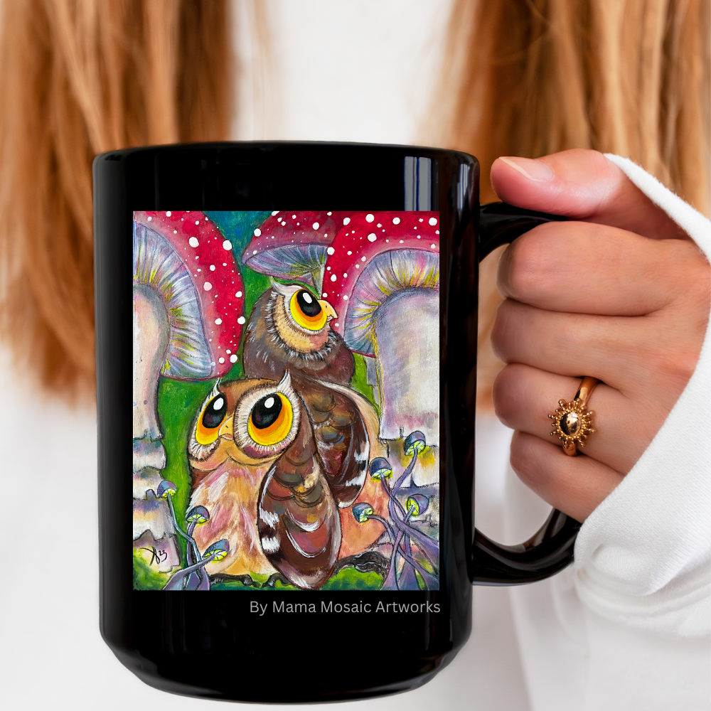 Owls and Shrooms Mug - 15oz Glossy Ceramic - Lost in Shroomtasia from Mama Mosaic Artworks