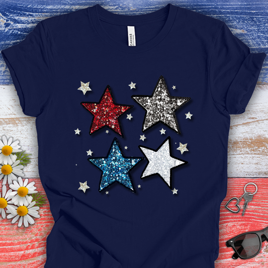 USA TShirt - Glittery Stars 4th of July Unisex Crew