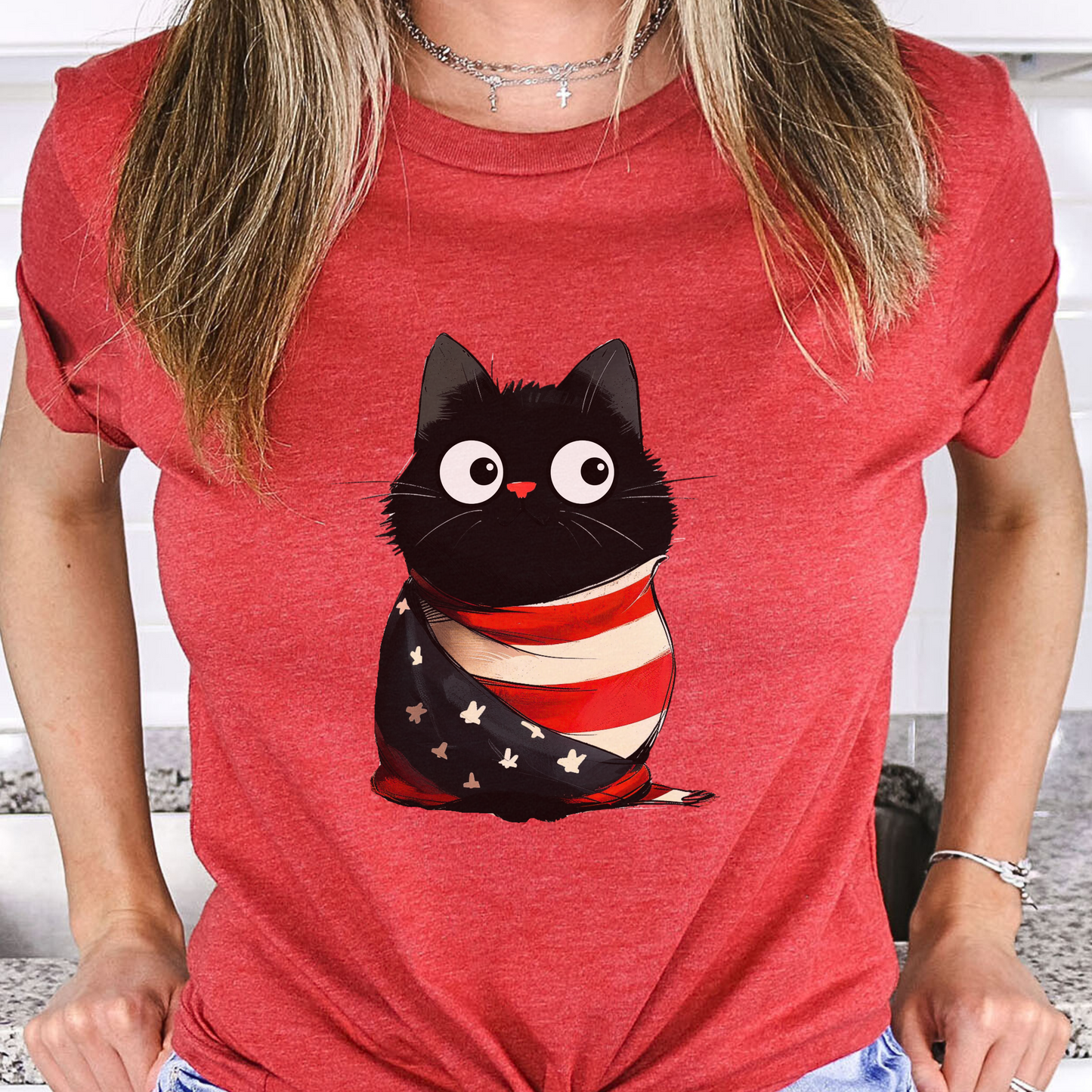 USA Kitty in Flag July 4th Unisex TShirt