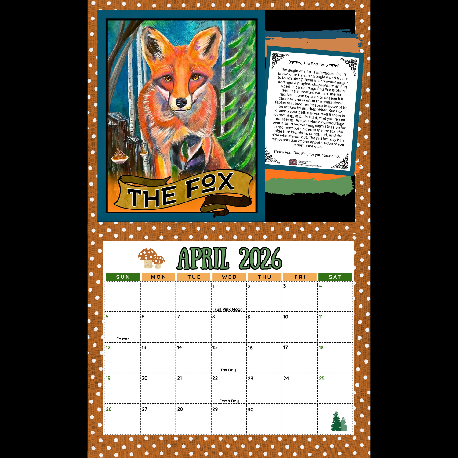 Calendar for April 2026 with a fox illustration on a polka dot border