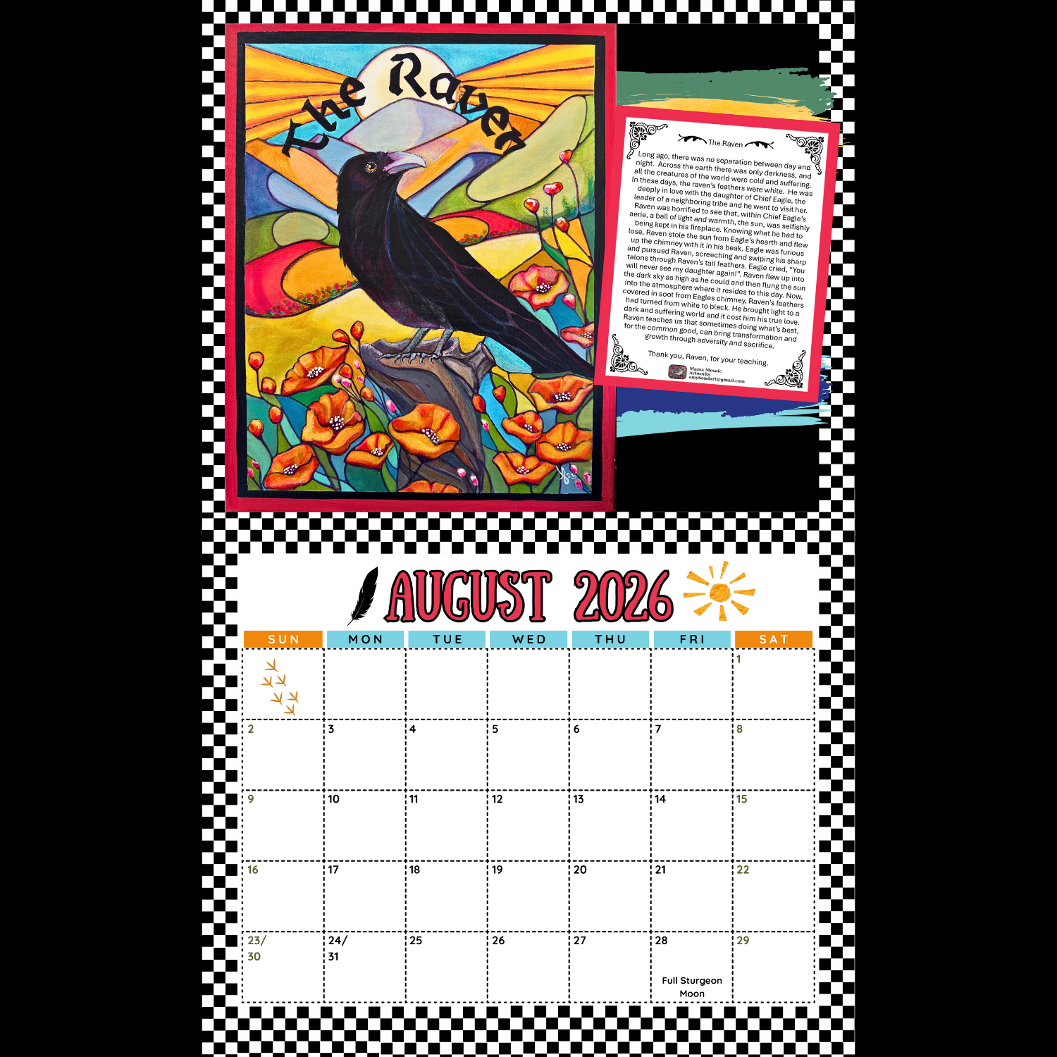 Calendar for August 2026 with a colorful illustration of a raven and a poem on a black and white checkered background.