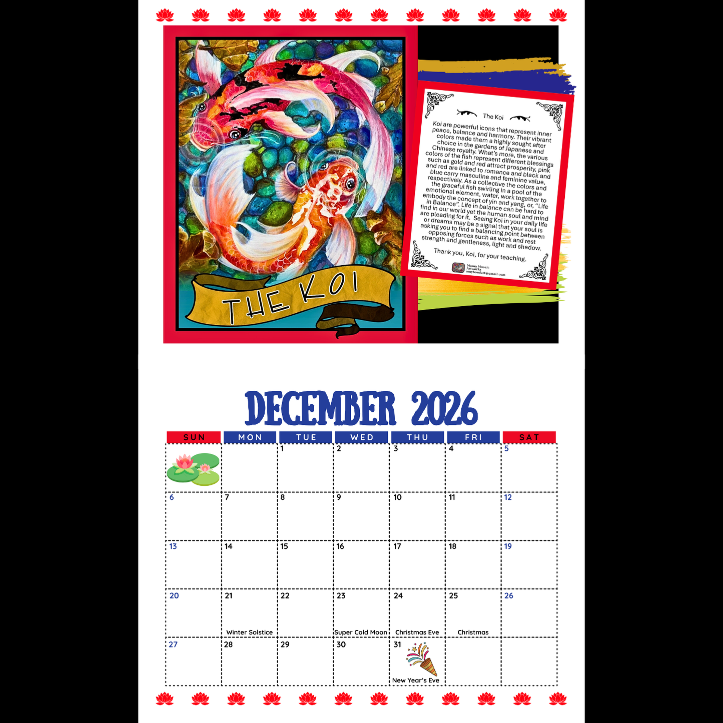 Calendar for December 2026 with Koi fish design and text on a white background
