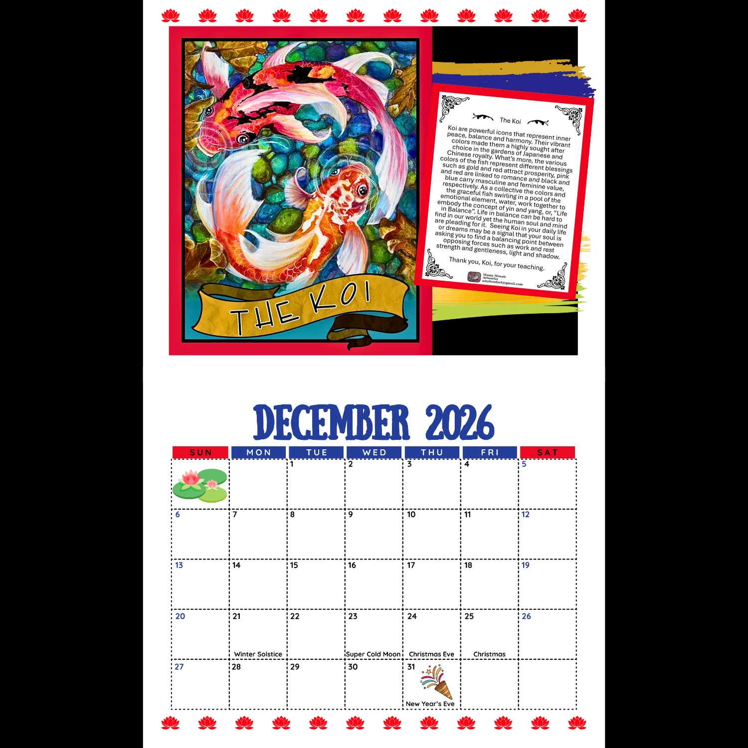 Calendar for December 2026 with Koi fish design and text on a white background