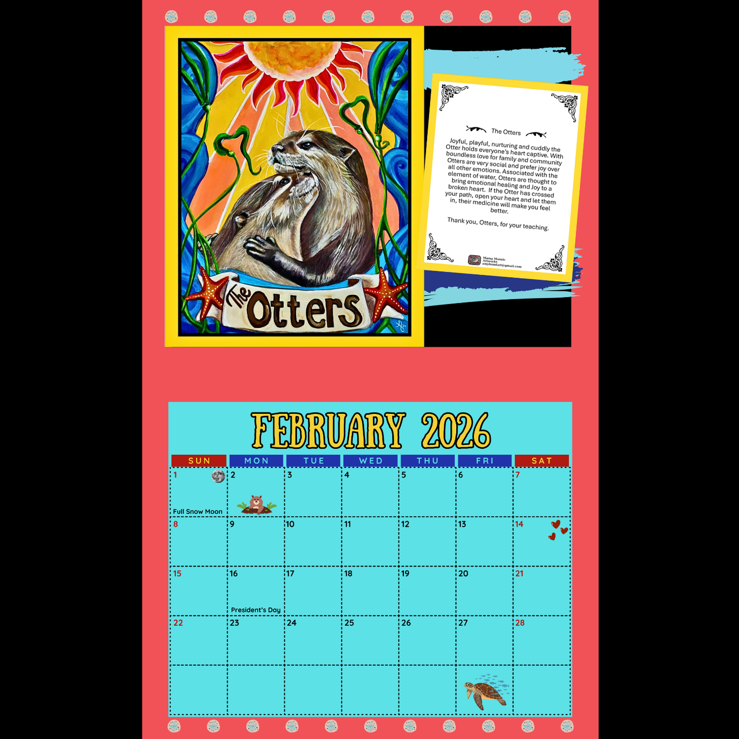 Calendar for February 2026 with otter illustration and text on a pink background