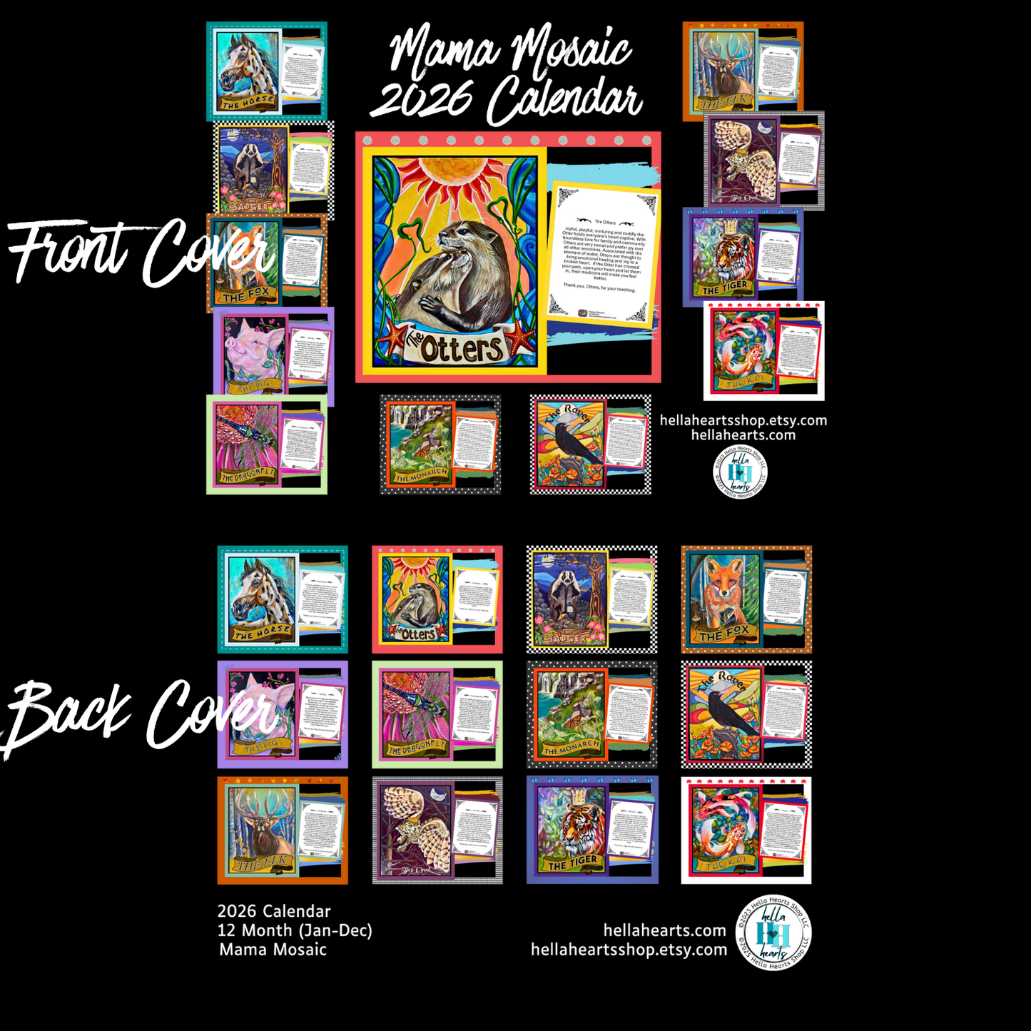 2026 Mama Mosaic calendar front and back cover design on a black background