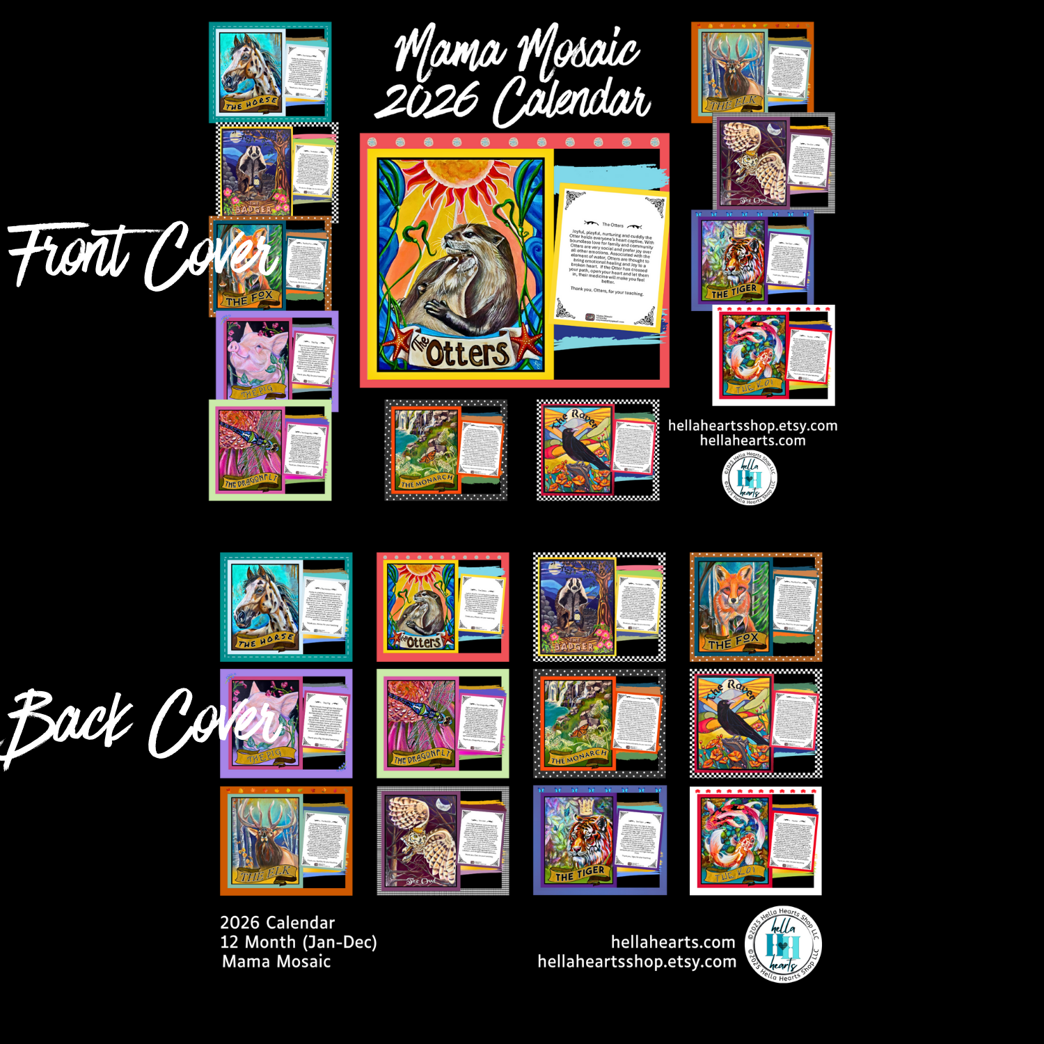 2026 Mama Mosaic calendar front and back cover design on a black background