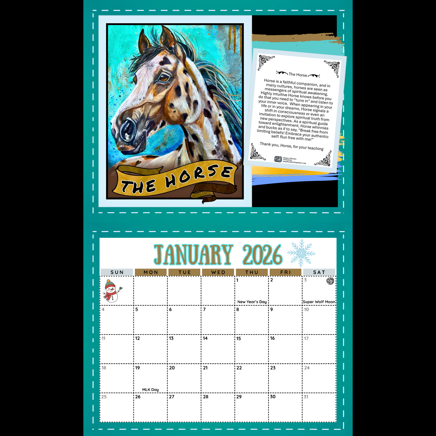 Calendar with horse illustration and January 2026 layout on a teal background