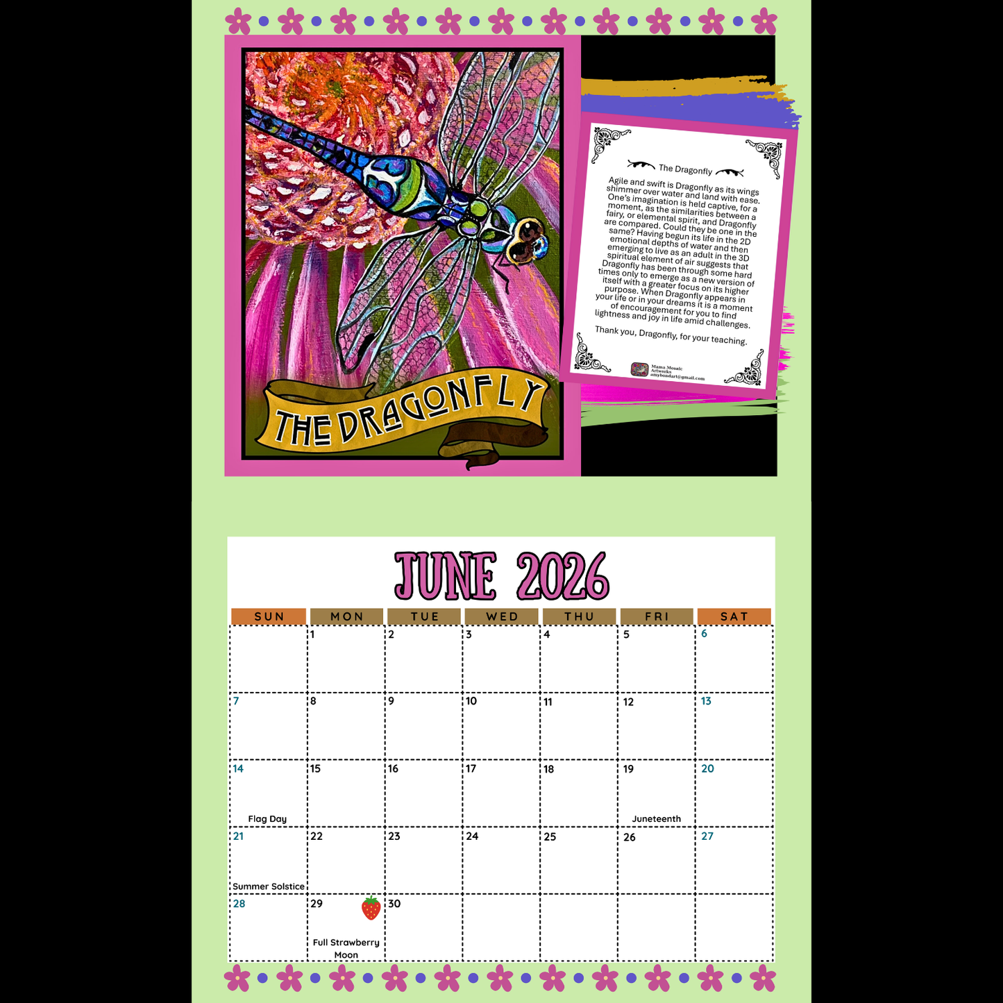 Calendar for June 2026 with a dragonfly design on a green background