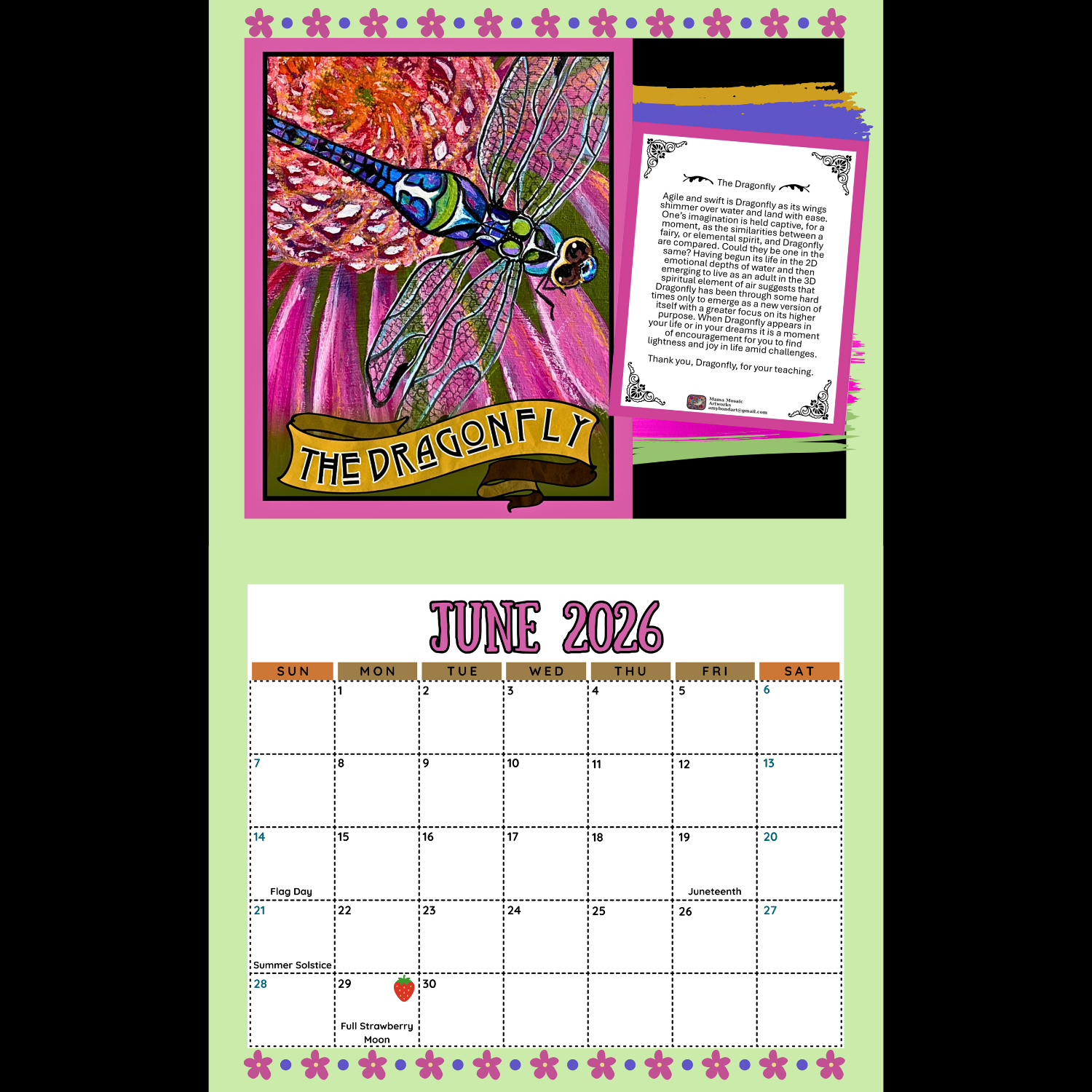 Calendar for June 2026 with a dragonfly design on a green background