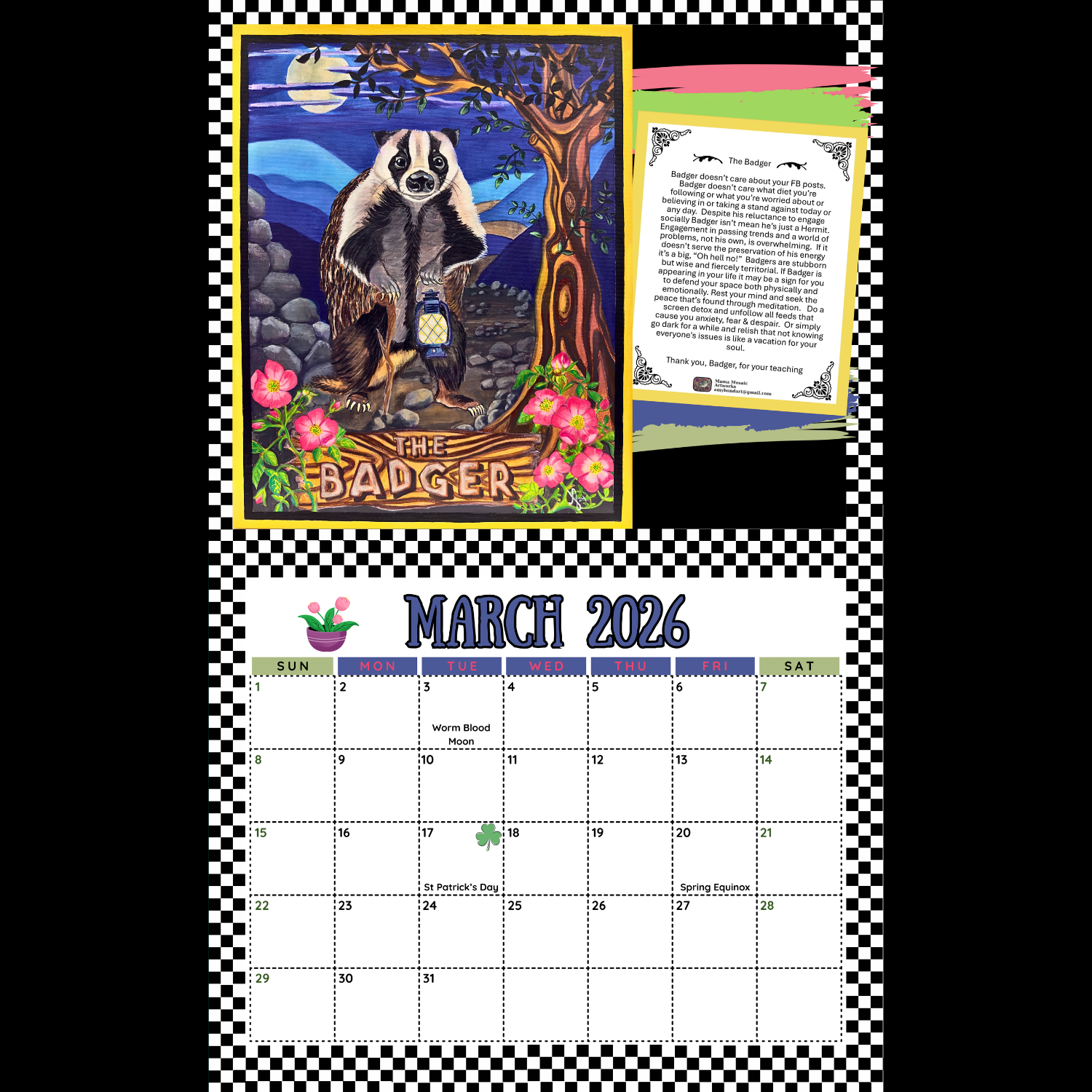 Calendar for March 2026 featuring a badger illustration on a checkered background