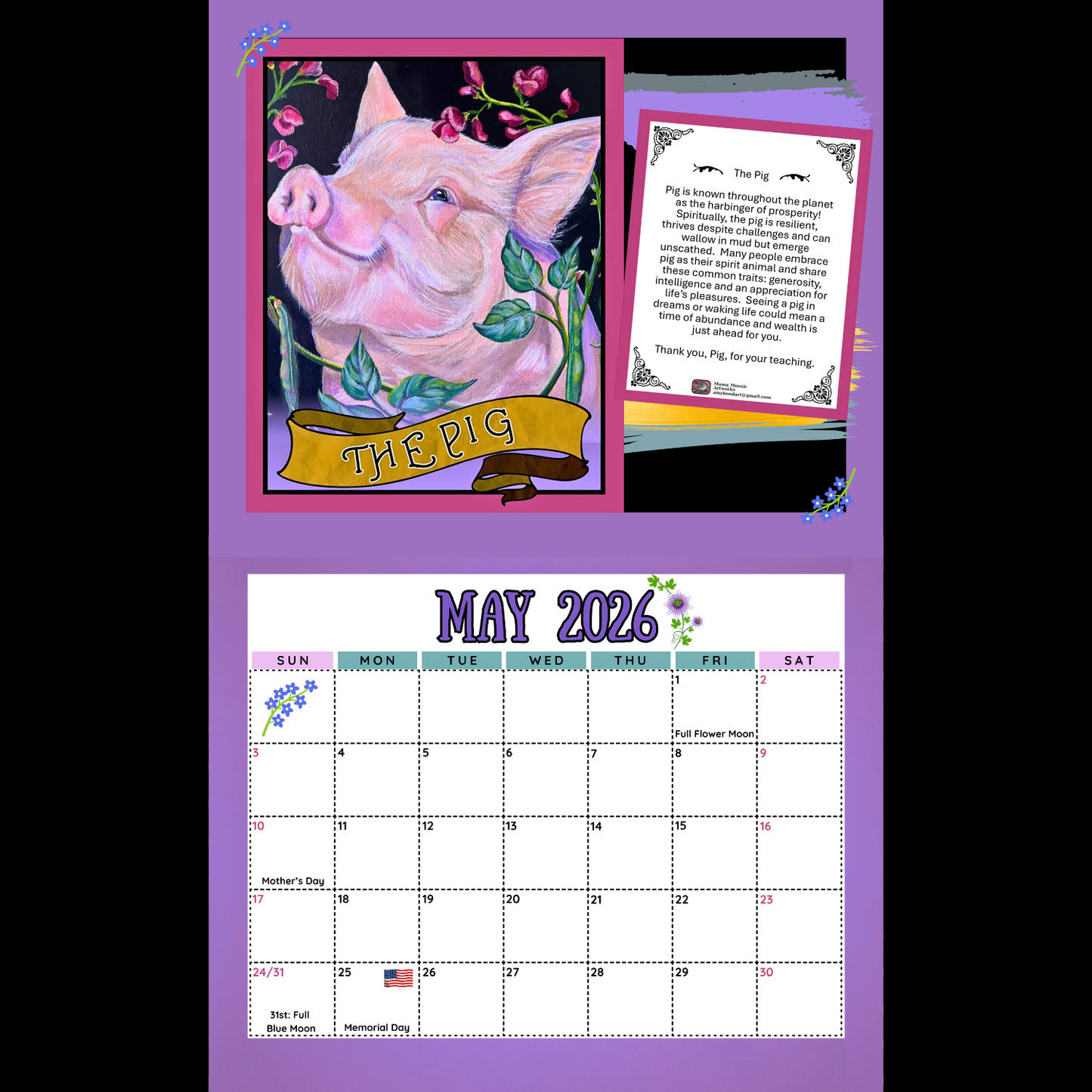 Calendar with a pig illustration and May 2026 layout on a purple background