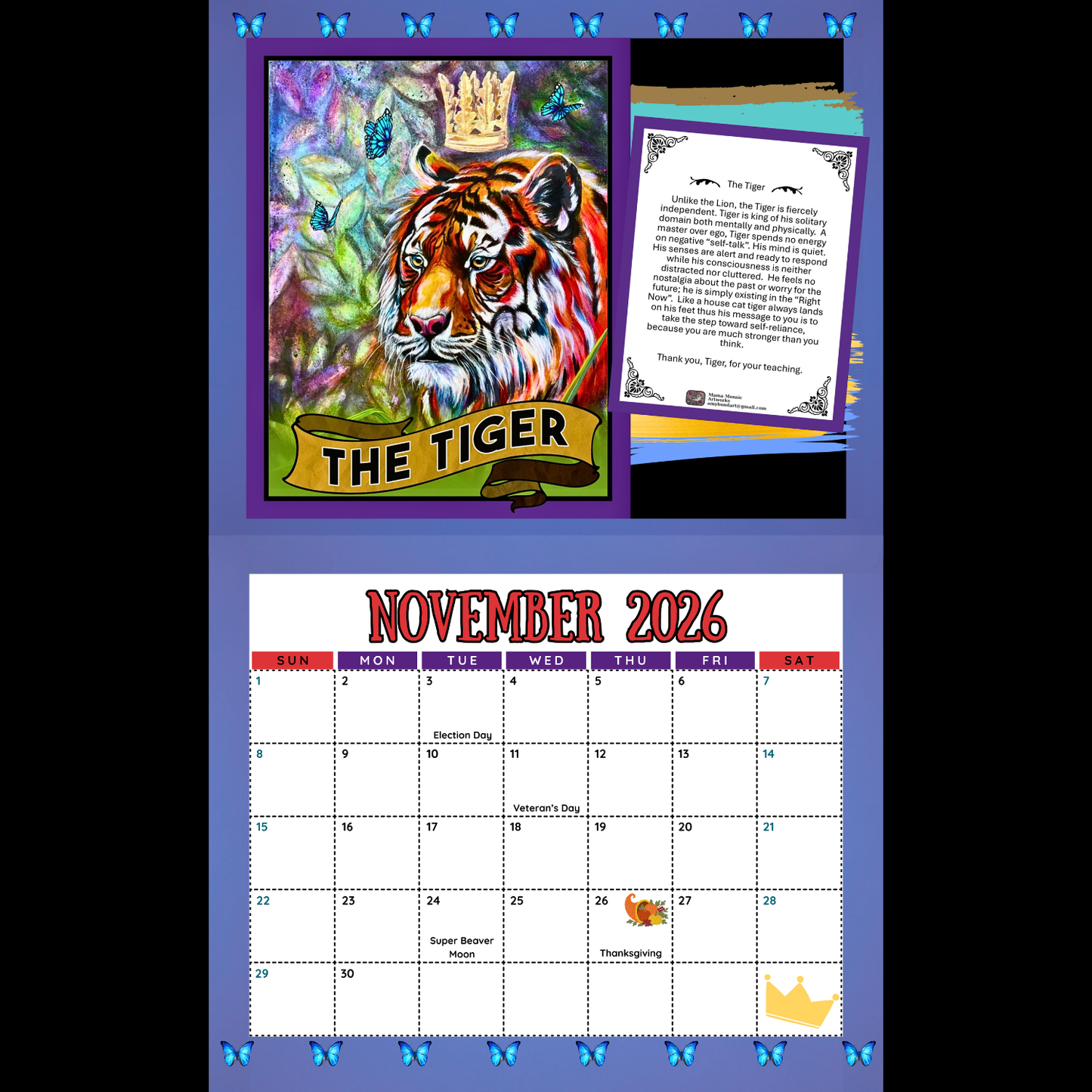 Calendar with a tiger illustration and November 2026 layout on a blue border.