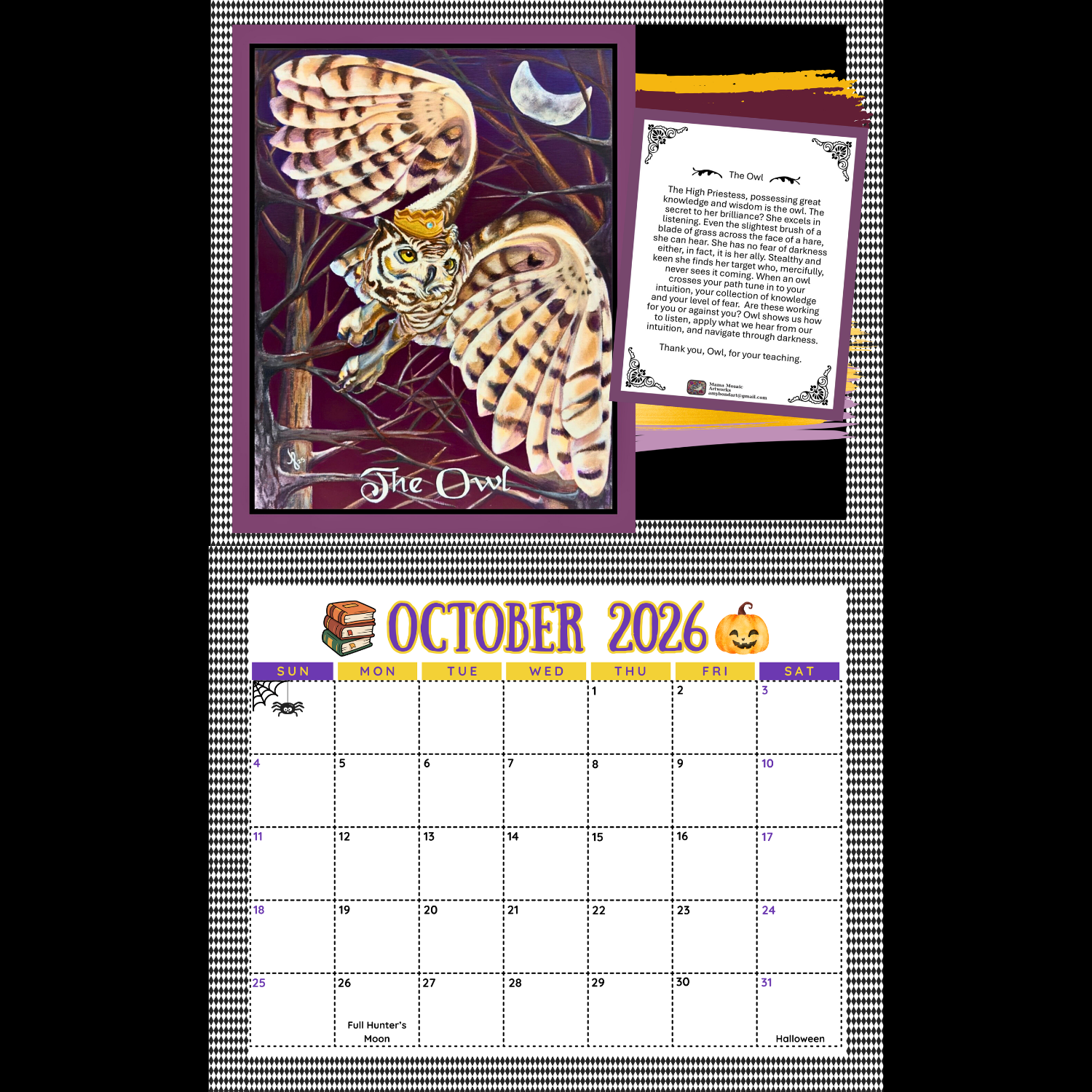 Calendar for October 2026 with an owl illustration and text on a checkered background