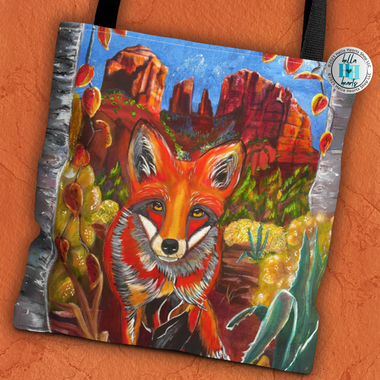 Sedona Fox Tote Bag - Original Art, Fox at Cathedral Rock from Mama Mosaic Artworks - 3 Sizes