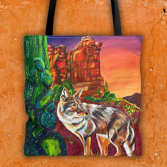 Sedona Coyote Tote Bag - 3 Sizes - Coyote at Coffee Pot Rock from Mama Mosaic Artworks