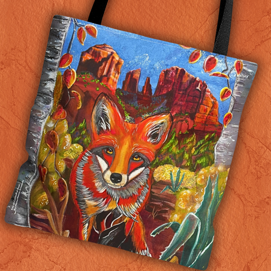 Sedona Fox Tote Bag - 3 Sizes - Fox at Cathedral Rock from Mama Mosaic Artworks