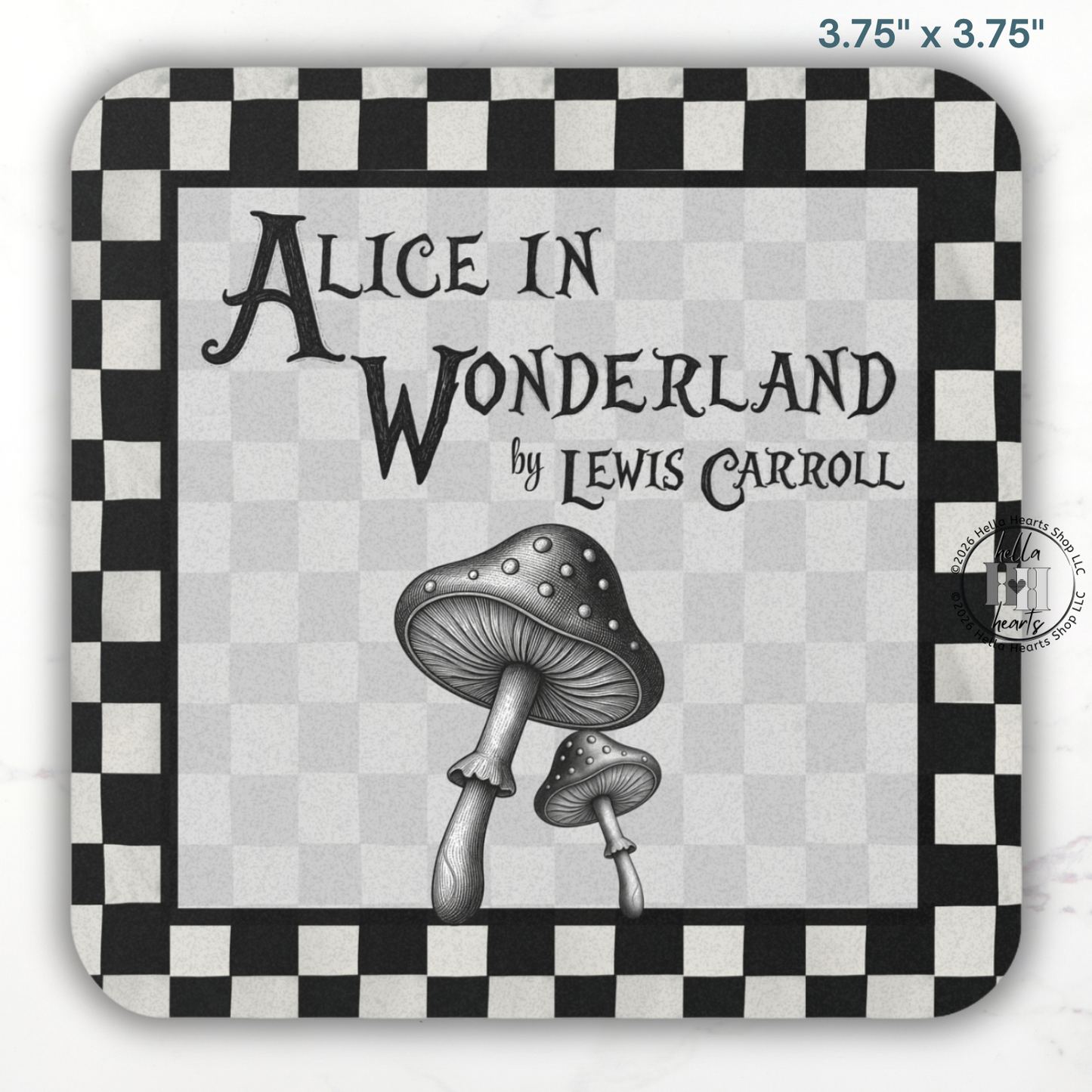 Chessboard BW Alice in Wonderland Coasters,  Bookish Gift, Classic Lit, Cork Back