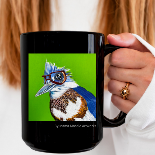 Kingfisher Mug - 15oz Glossy Ceramic - Read More Optical Kingfisher from Mama Mosaic Artworks