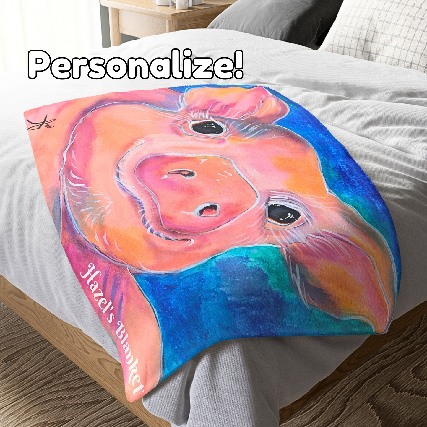 Cute Pig on a Blanket - Velveteen Plush Throw - Piggie from Mama Mosaic Artworks