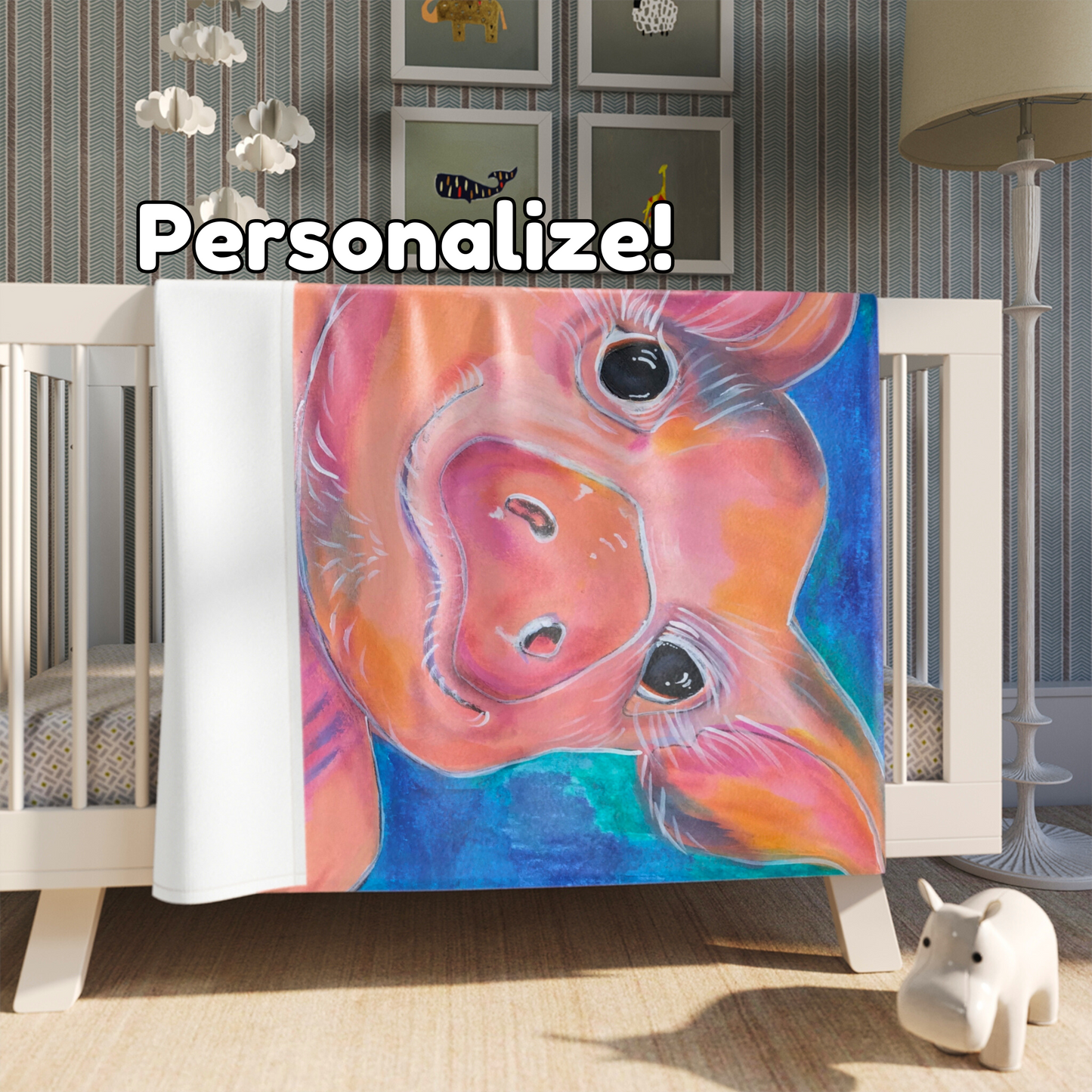 Cute Pig on a Blanket - Velveteen Plush Throw - Piggie from Mama Mosaic Artworks