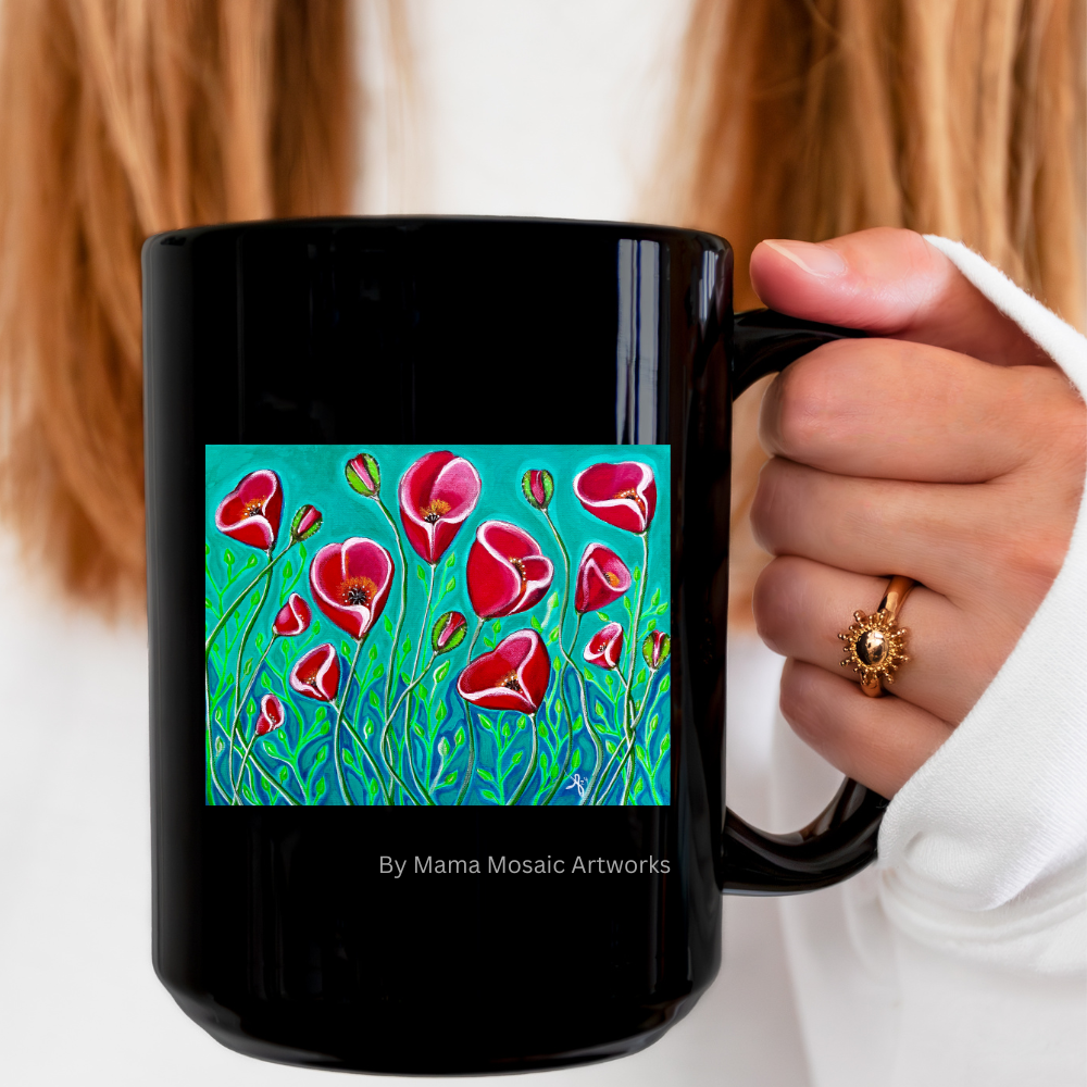 Poppies from Mama Mosaic Artworks - 15 oz Black Glossy Ceramic Mug